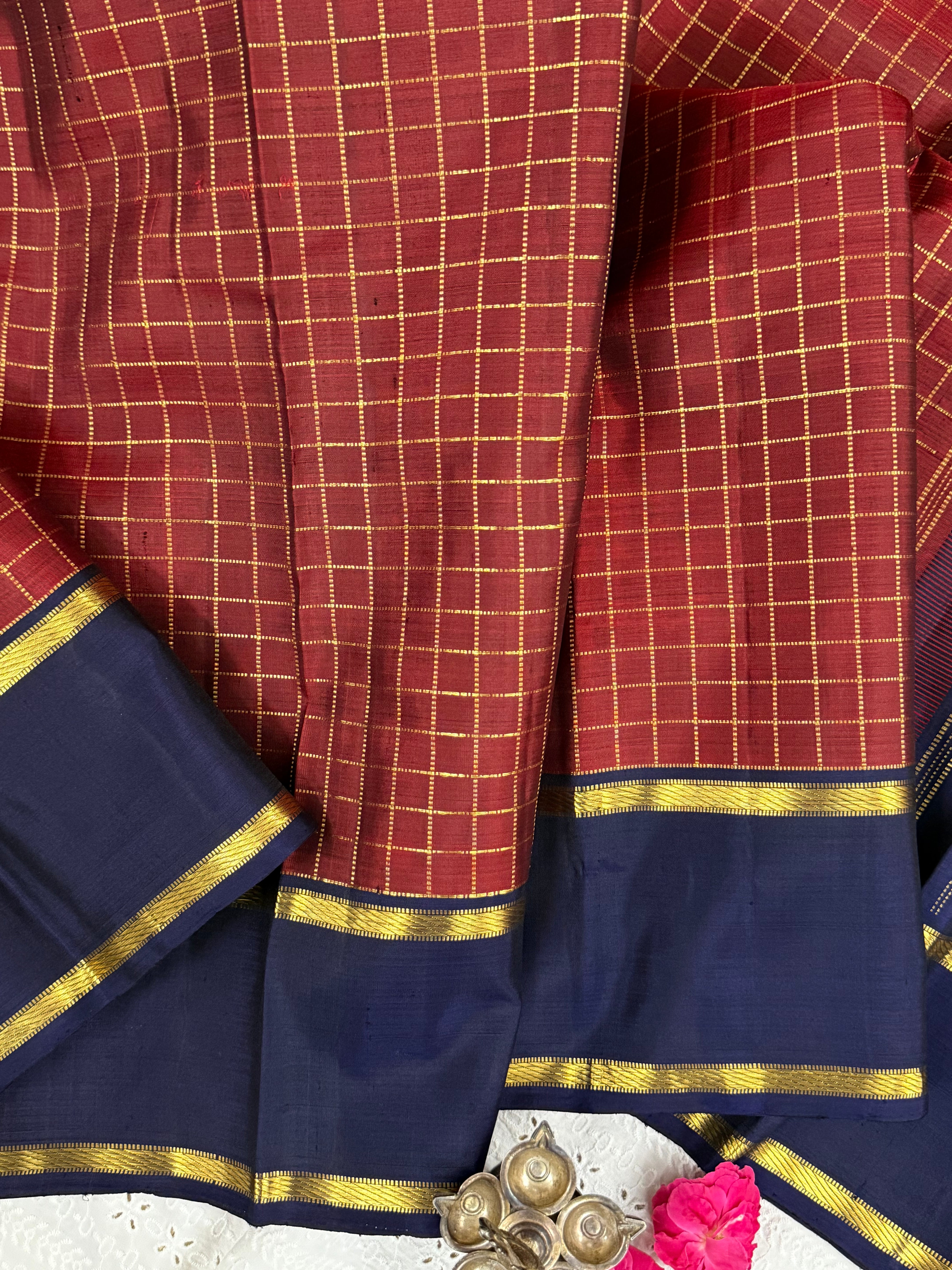 Deep rust kattam and navy blue/ Arani silk