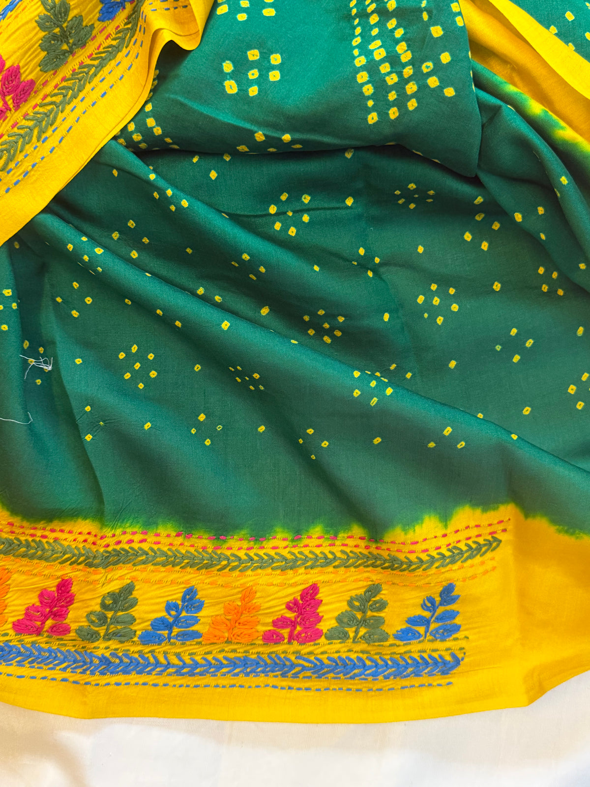 Green Bandhini with Kantha work in silk