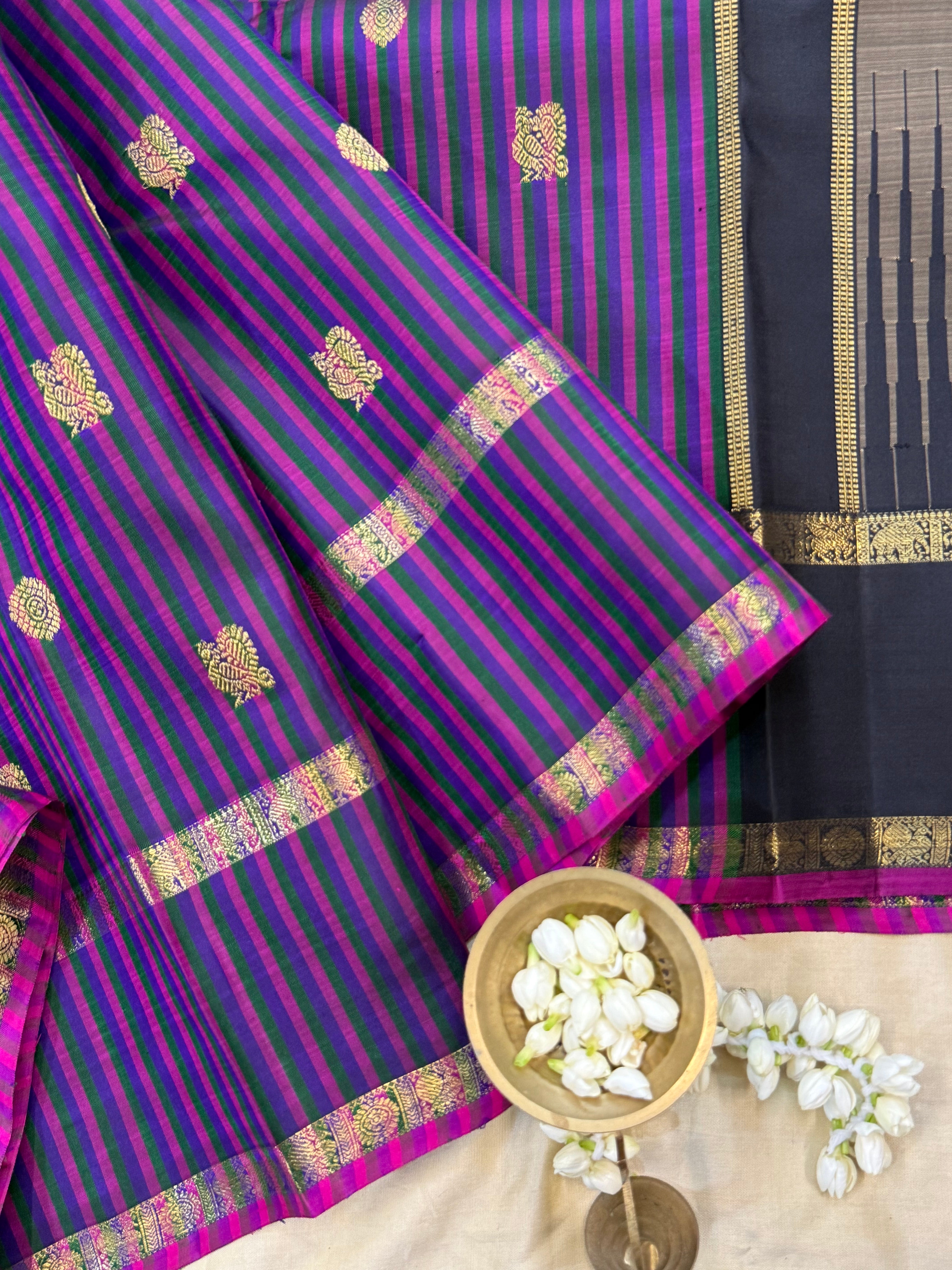 Deep purple multi colored stripes annam and chakram butta/ Kanjipuram silk