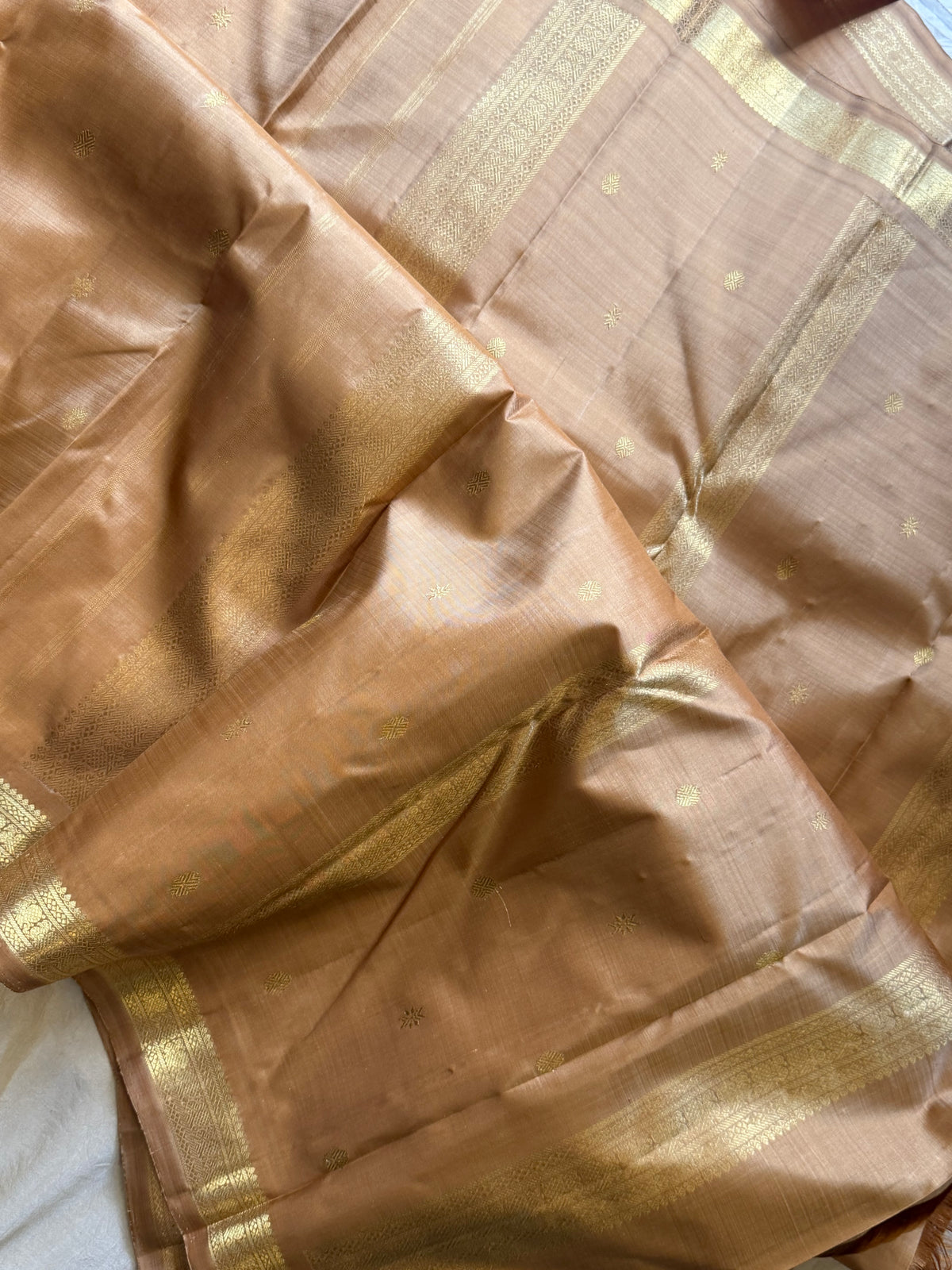 Golden brown color pure Zari pencil border Kanjipuram