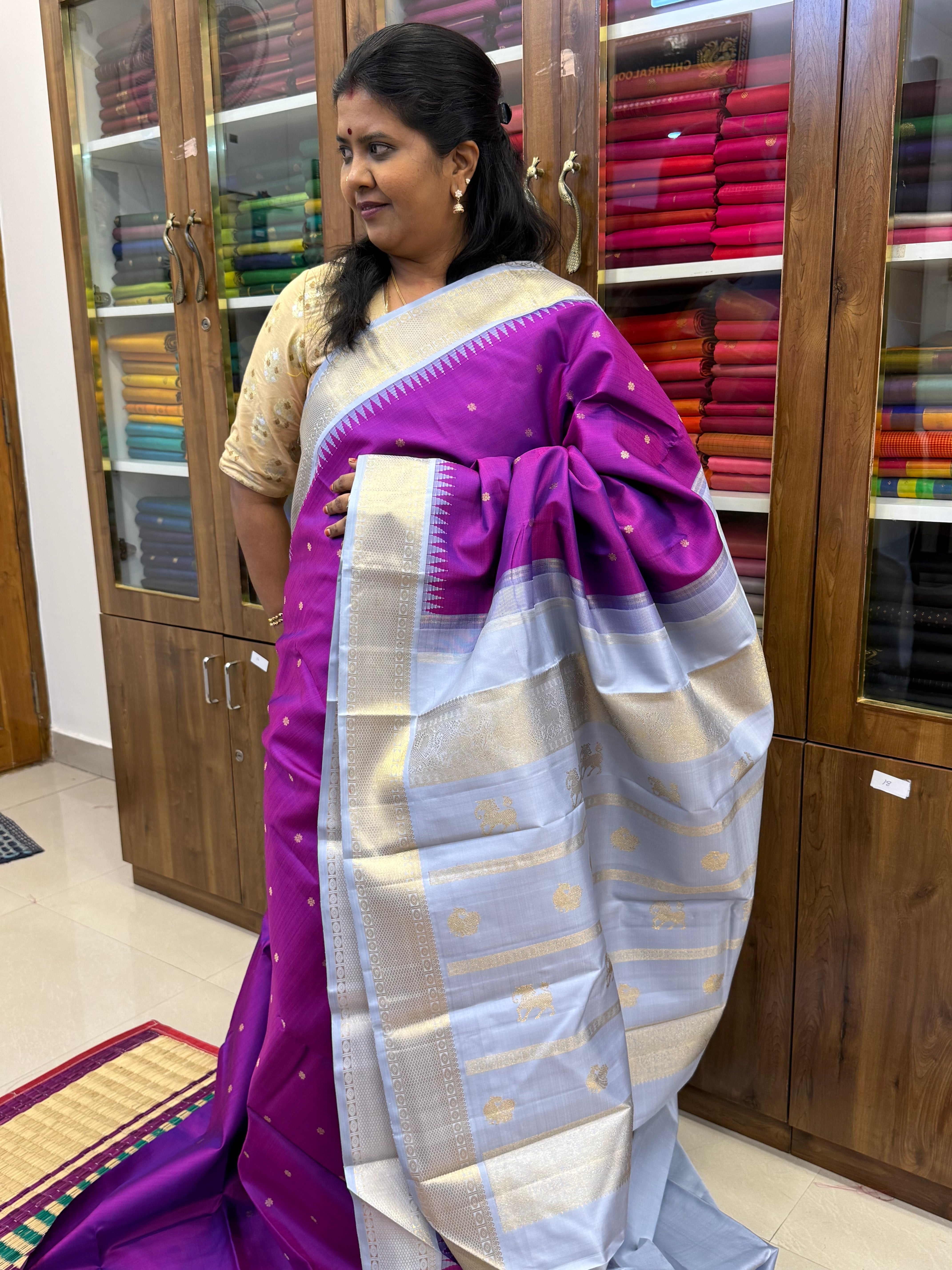 Aubergine colour Korvai kanjipuram silk