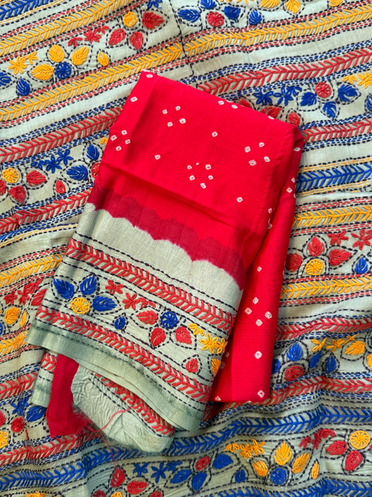 Red Bandhini with Kantha work in silk