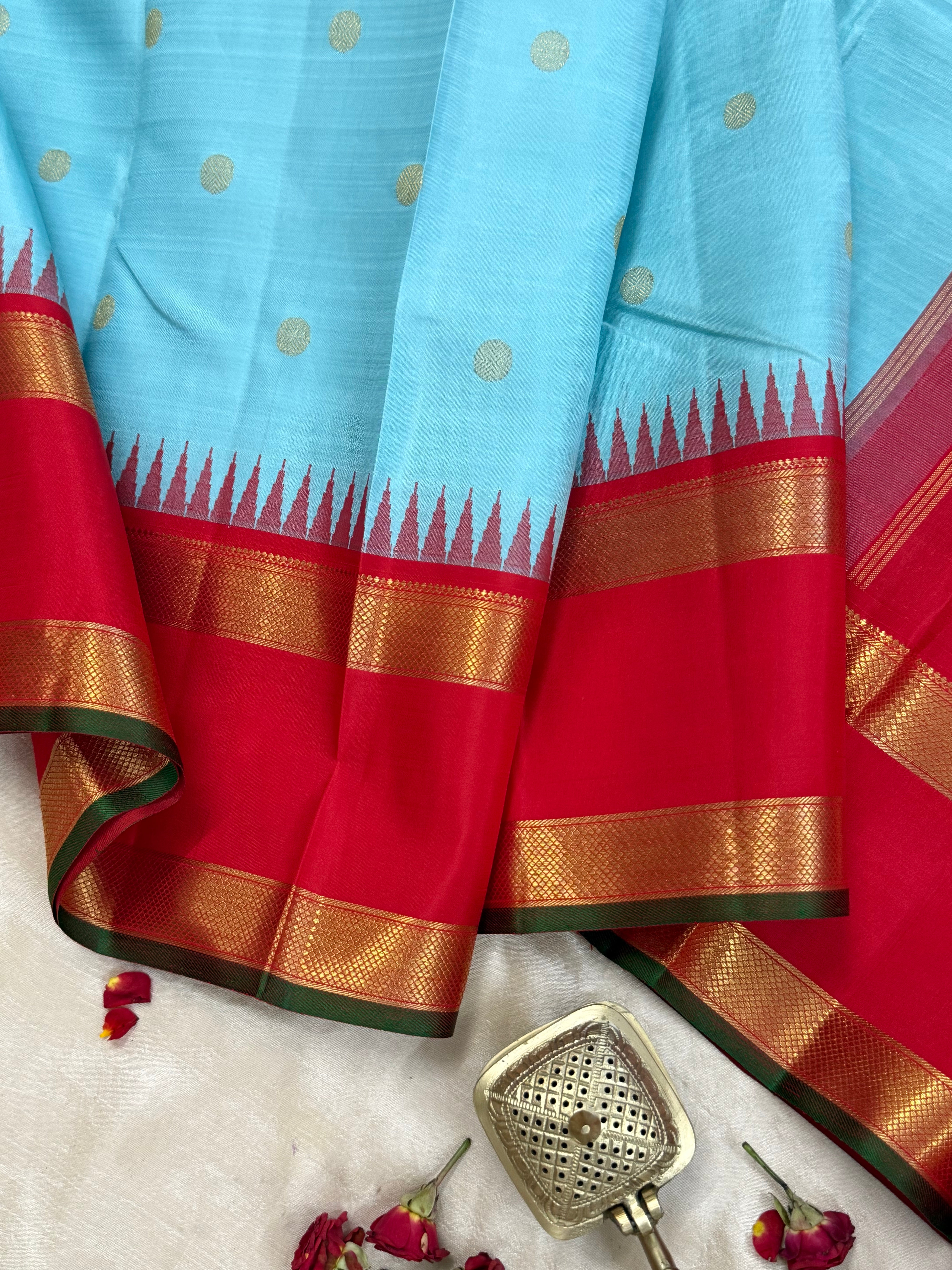 Sky blue and Red rettapet border kai korvai/ Kanjipuram silk