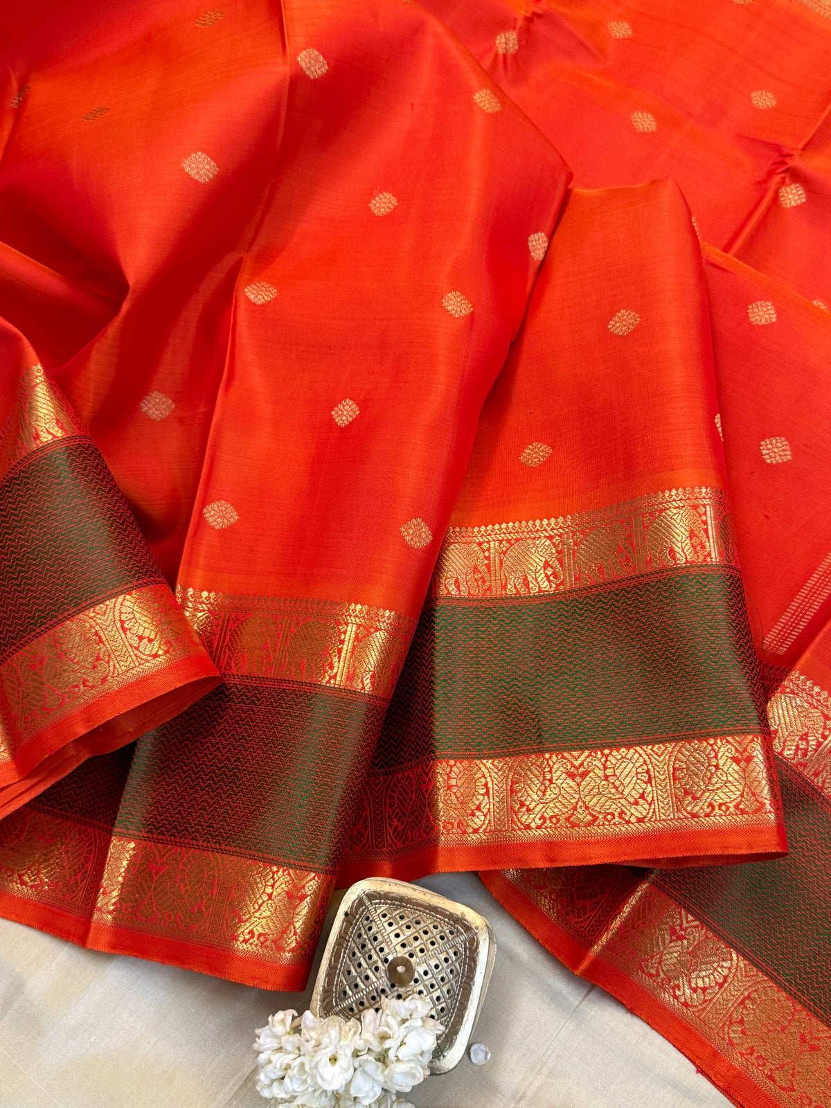 Navarathri - Day 5 Orange Colour pure Zari butta getti border /Kanjipuram silk sree Clsa6000