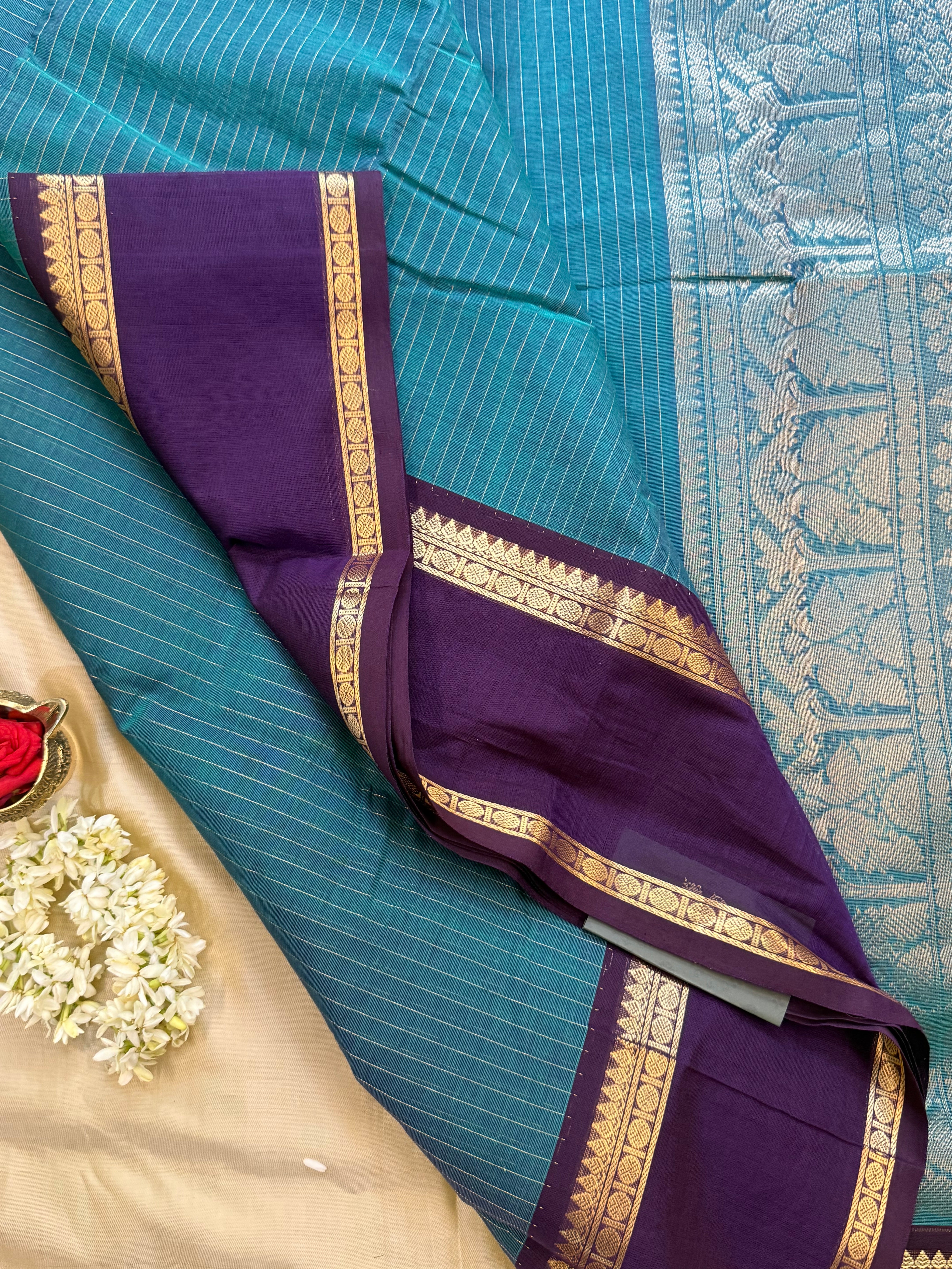 Rama green and dark purple rettapet border/ Kanchi Cotton