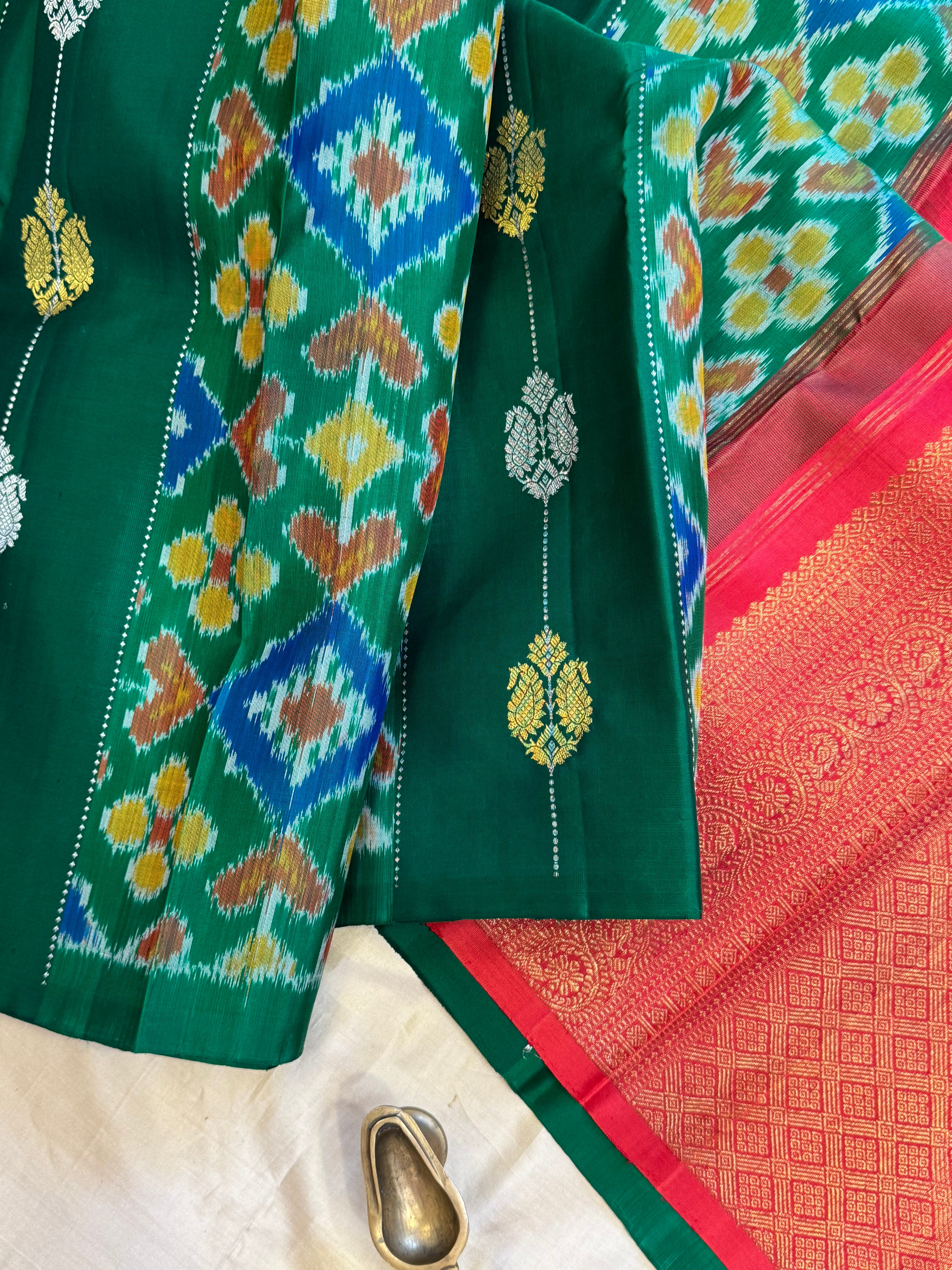 Green  Ikkat fusion kanjipuram saree