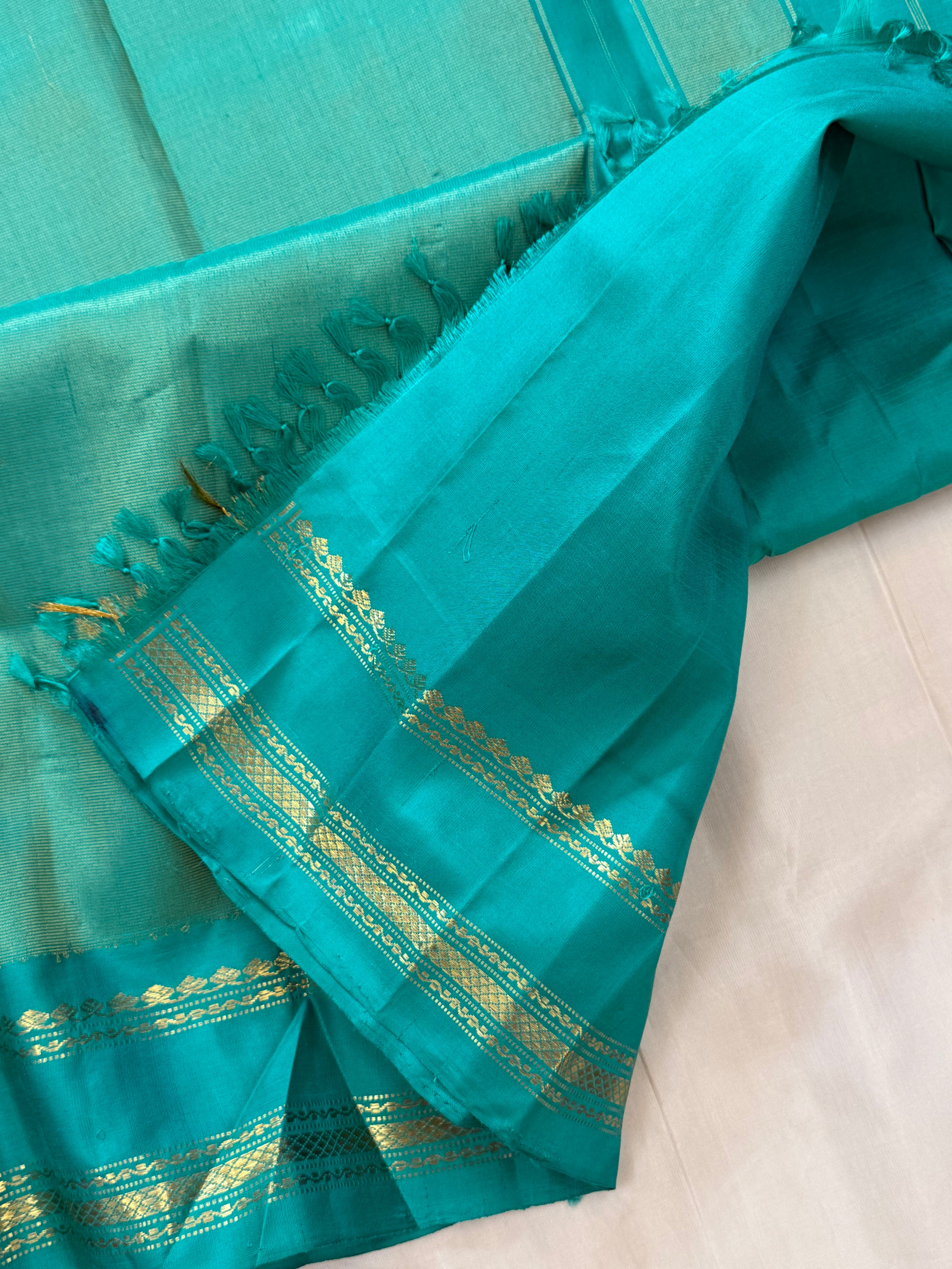 Cream body checks with ice blue temple border/Gadwal silk CLSA11292
