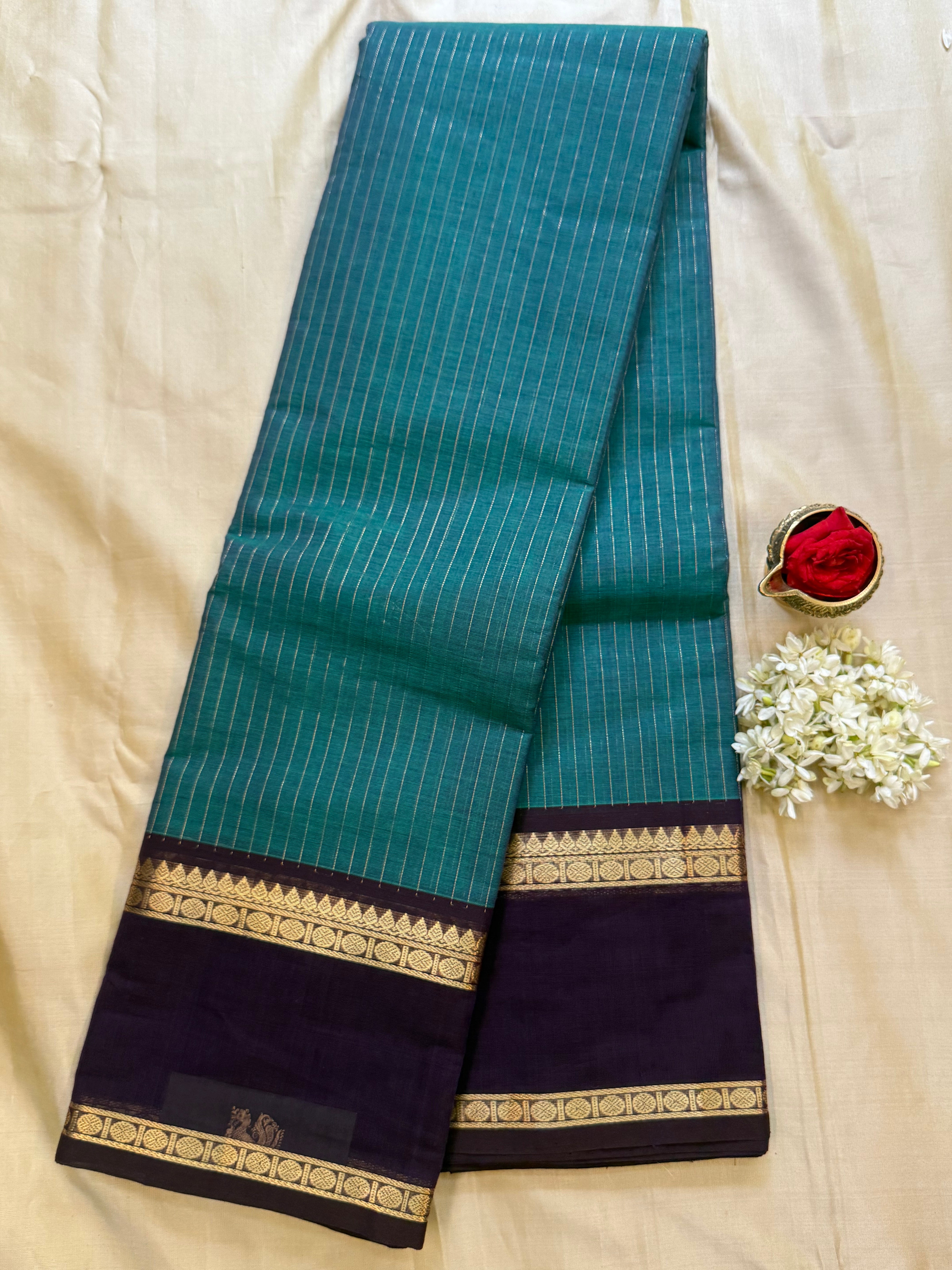 Rama green and dark purple rettapet border/ Kanchi Cotton
