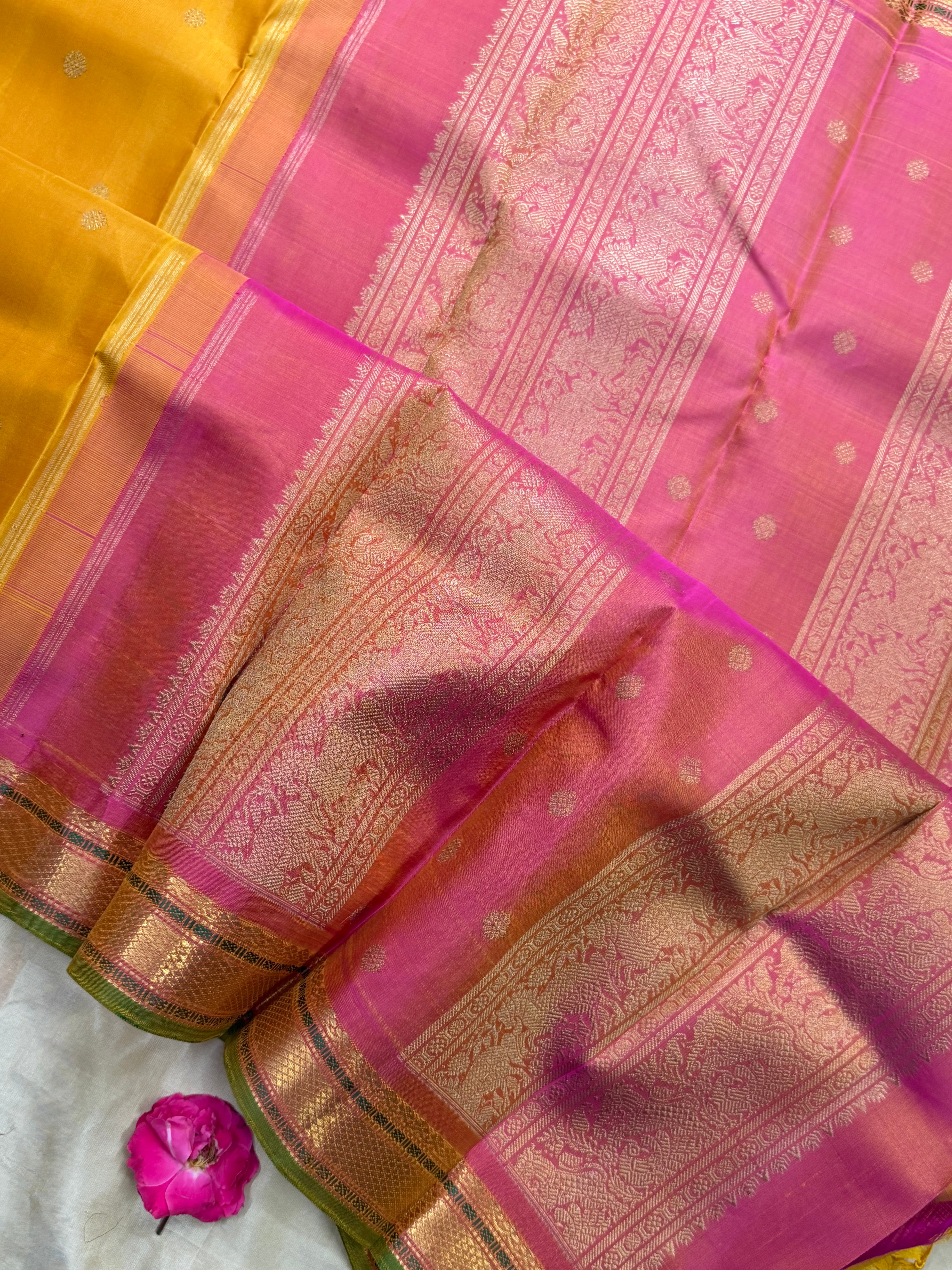 Golden mustard yellow small border pure Zari Kanjipuram silk CLSA9057