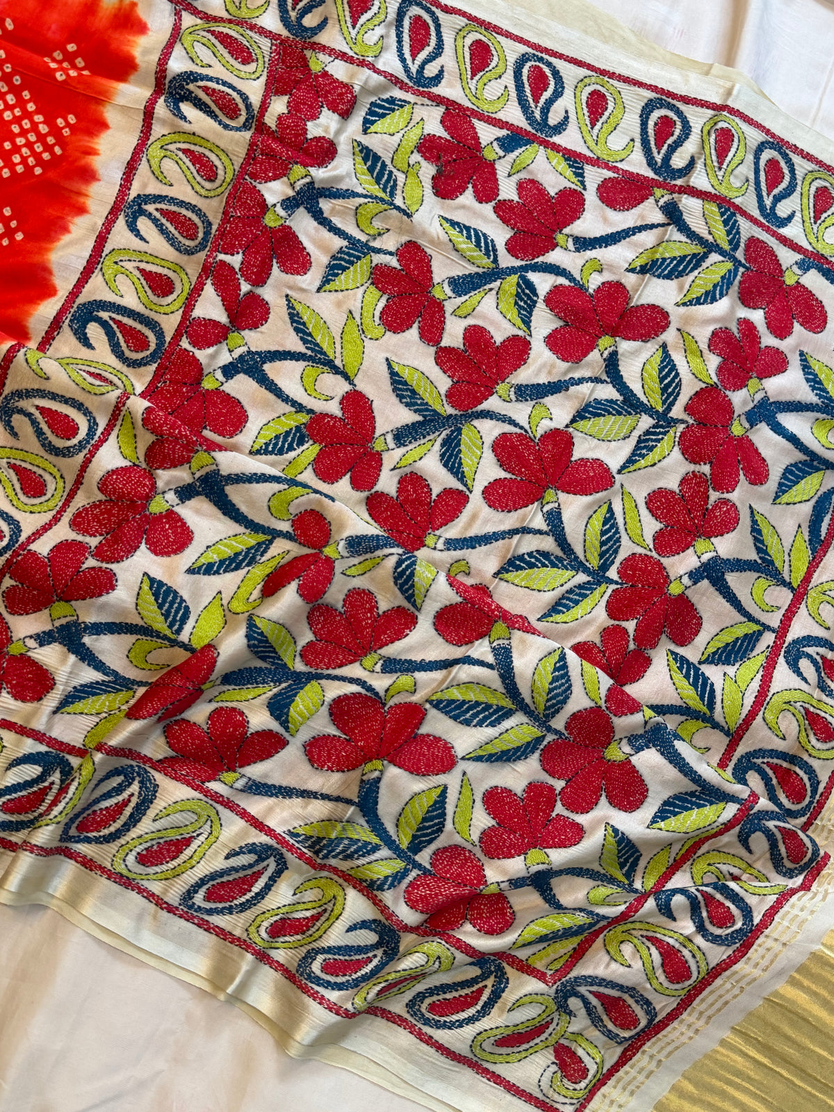 orange Bandhini with Kantha work in gajji silk