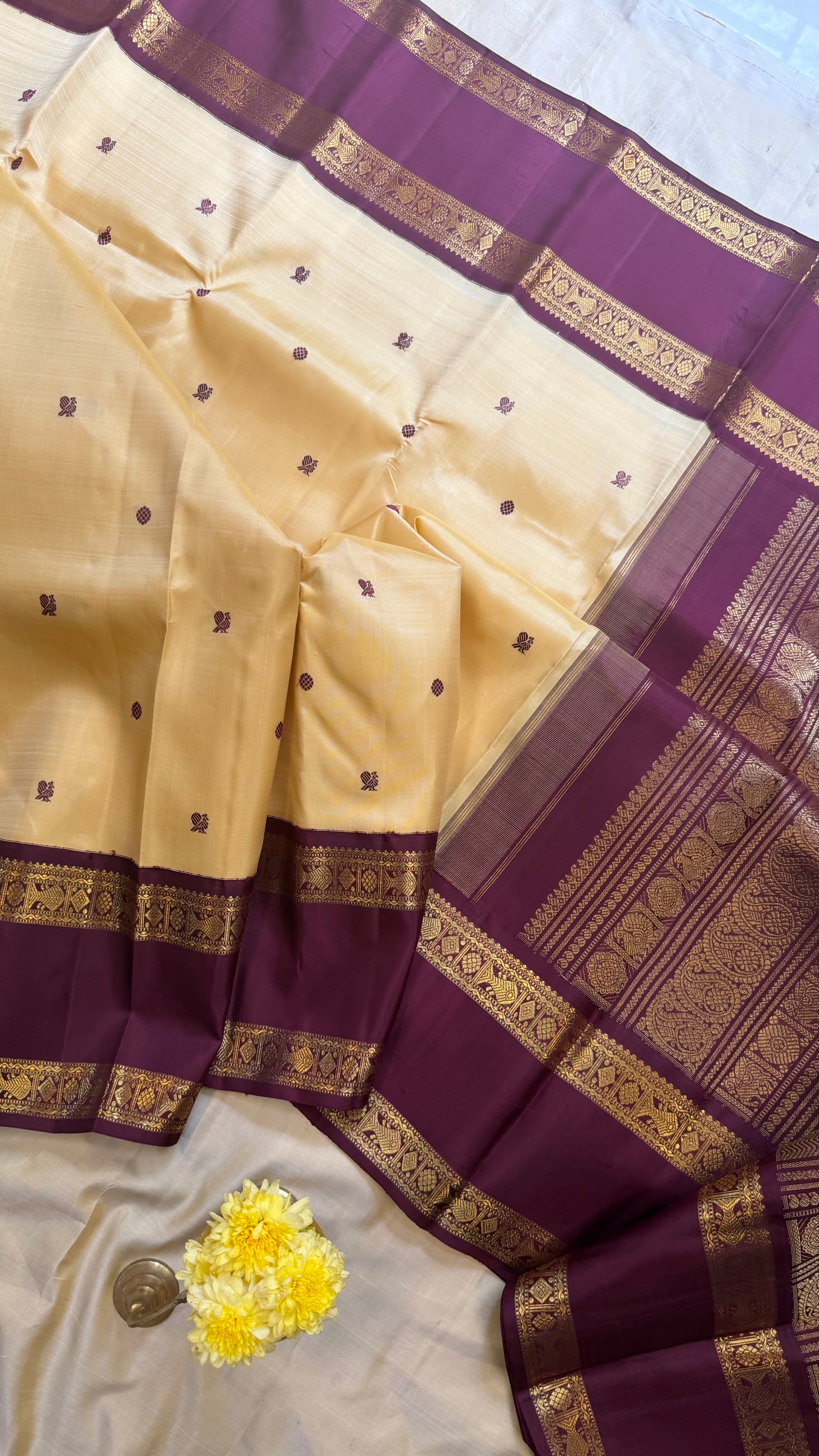 Off sandal and brown rettapet border kai korvai/ kanjipuram silk