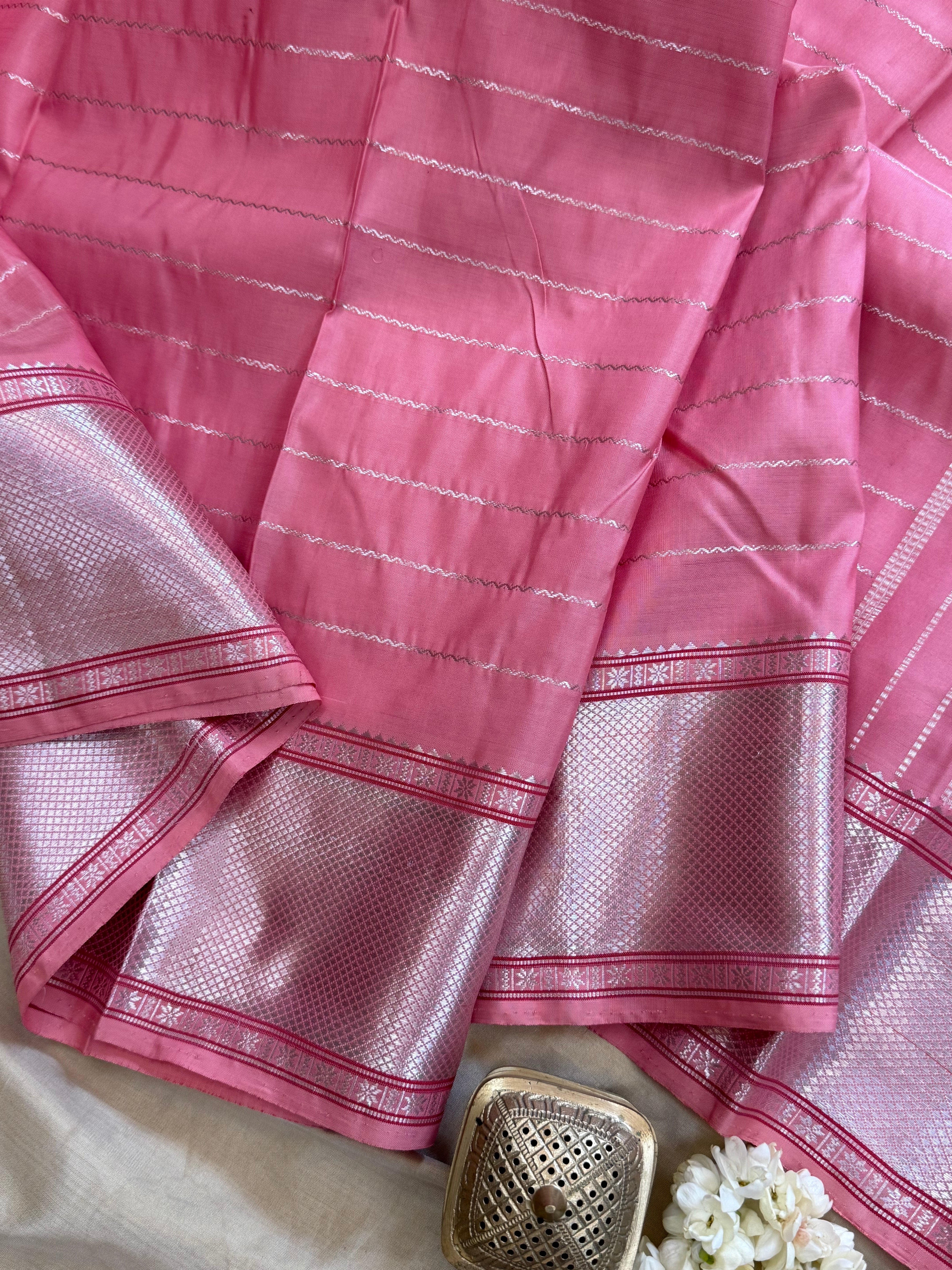 Pink veldhari getti border silver / Kanjipuram silk CL1992