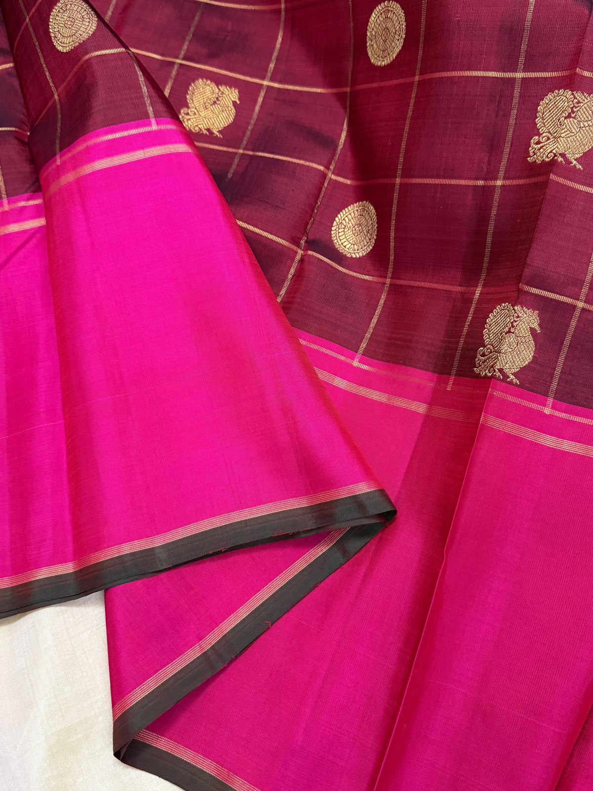 Maroon with long border Pure Zari Annam chakram Kattam butta /kanjipuram silk saree