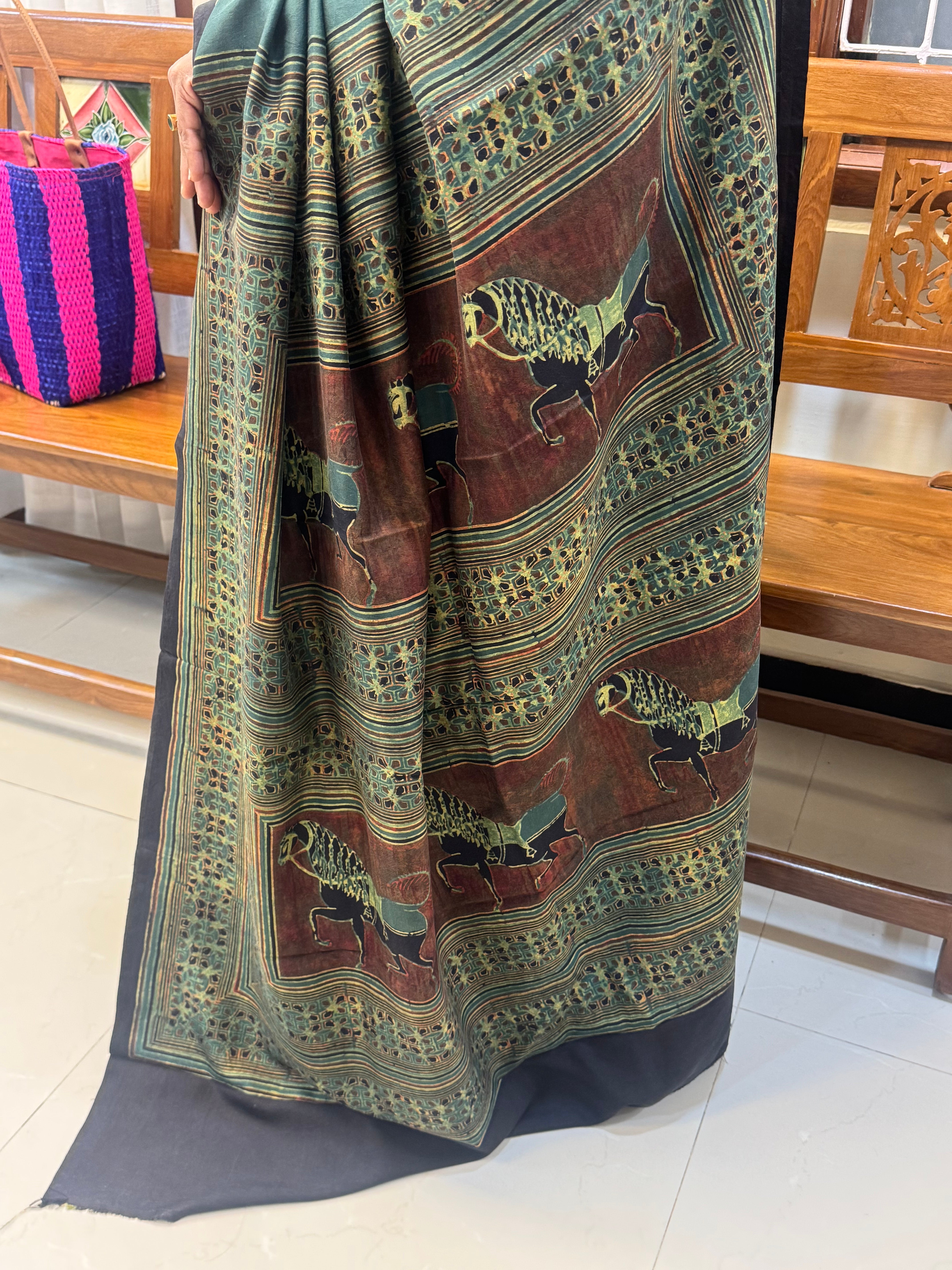 Horse printed Pracheen Ajrakh in pure silk
