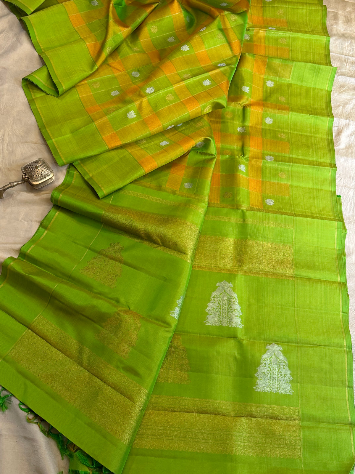 Lime green Chettinad Kattam - pure Zari Kanjipuram silk