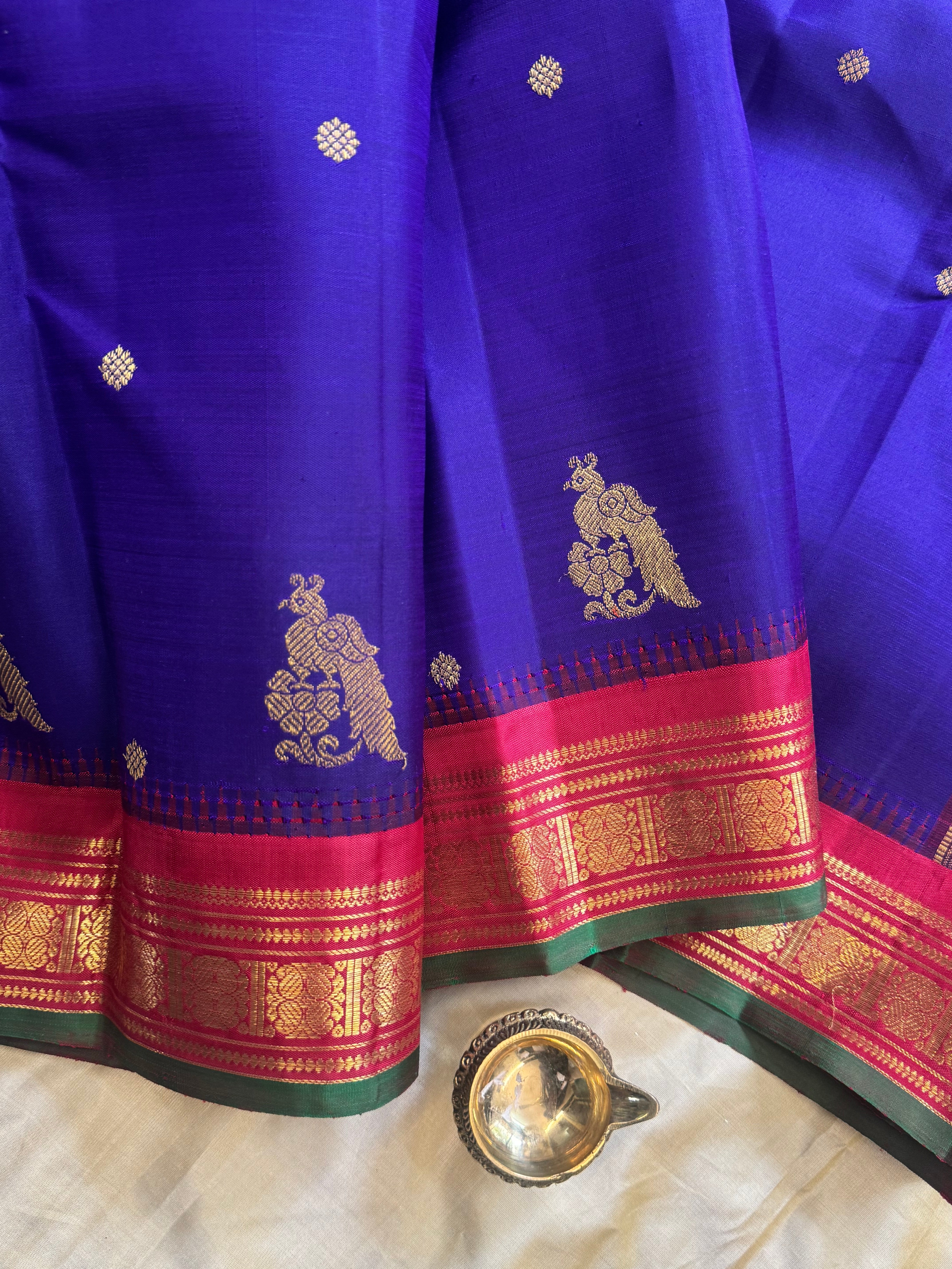 Purplish blue and pink kai korvai/ kanjipuram silk