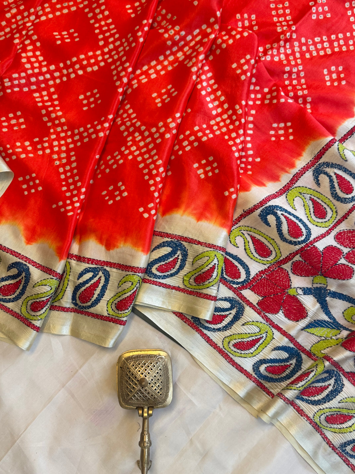 orange Bandhini with Kantha work in gajji silk