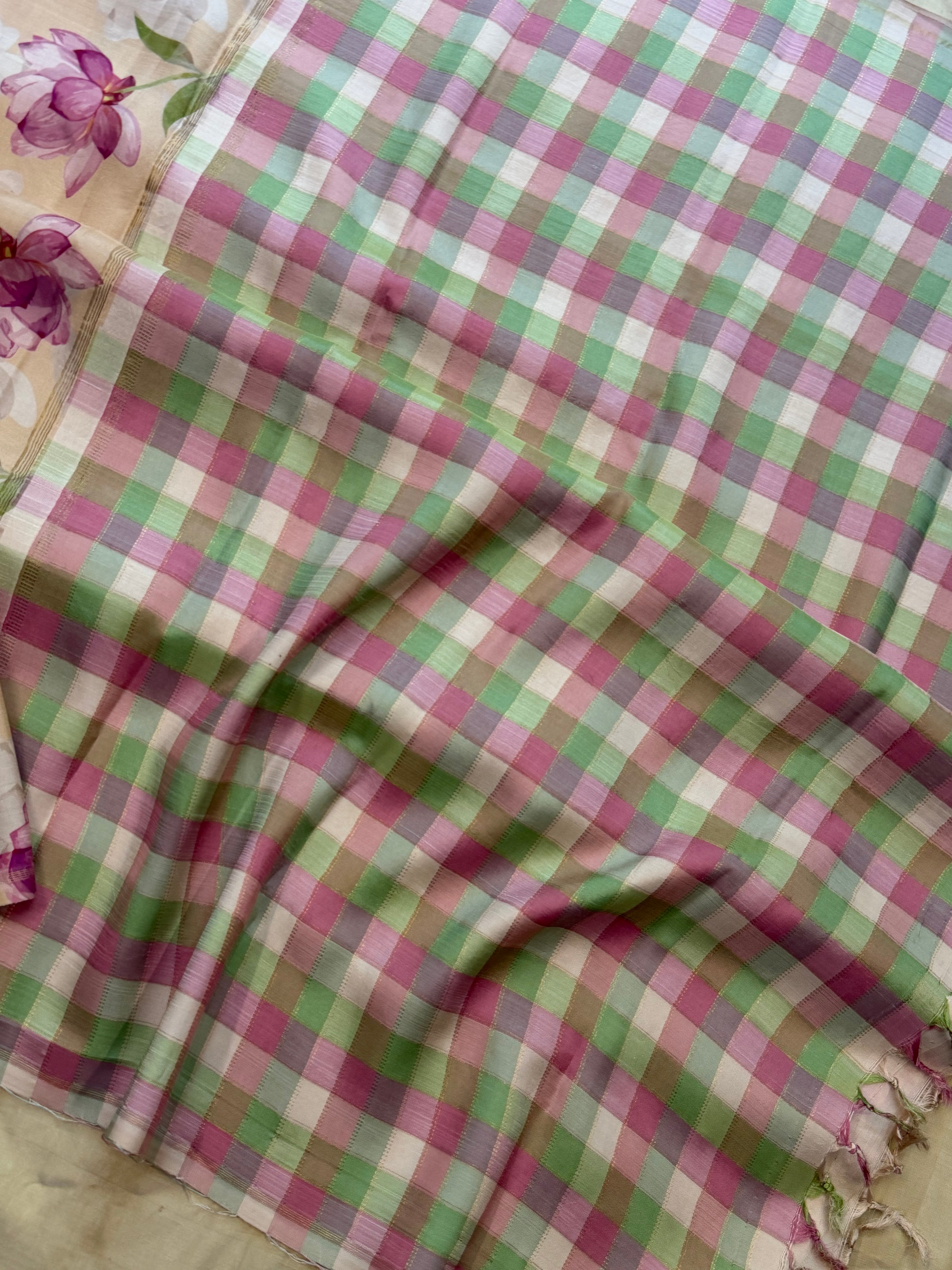 Floral digital printed / pure Zari Kanjipuram silk