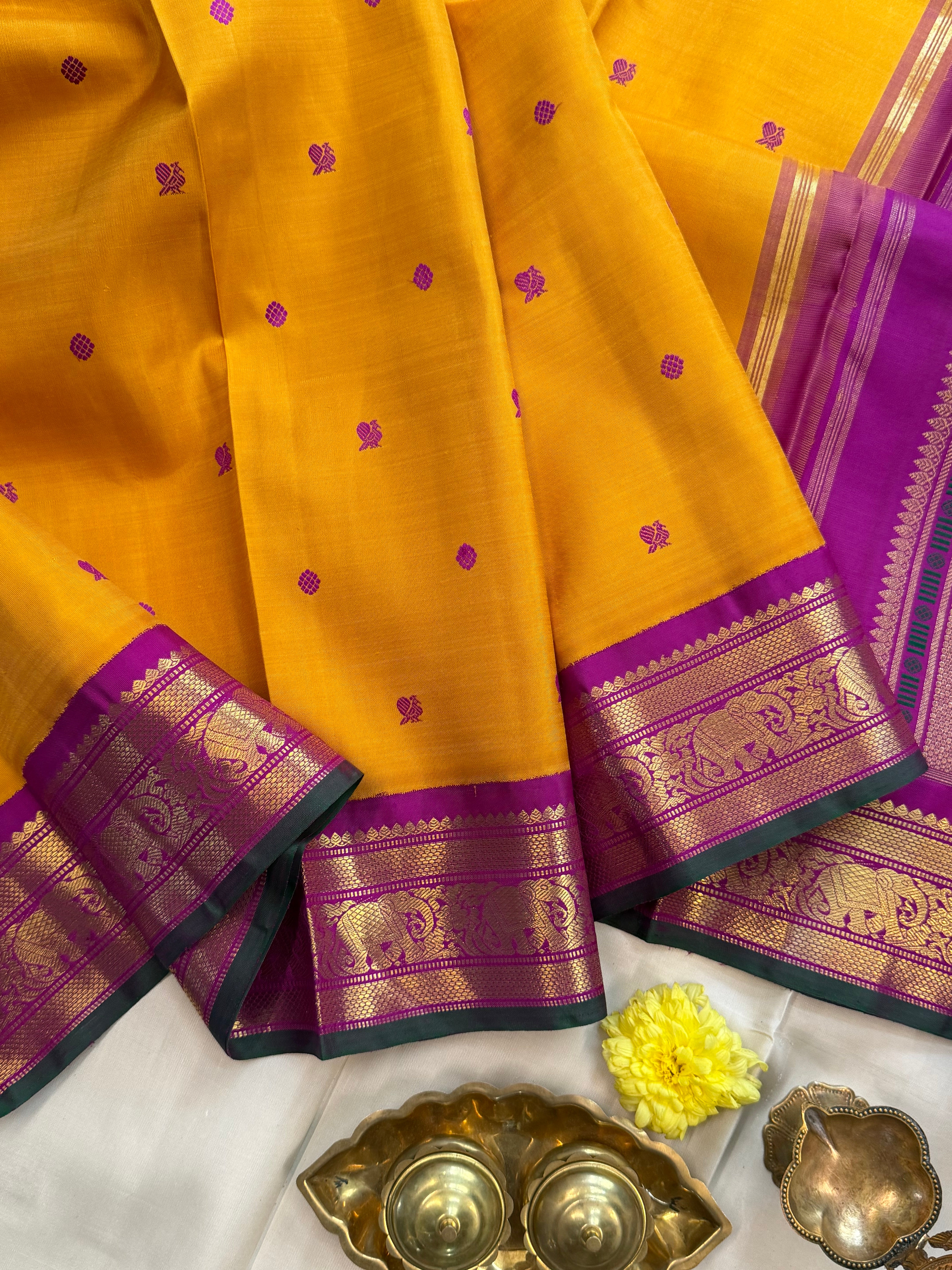 Korvai Varamahalakshmi edit : mustard yellow  colour  varisapet  Korvai Kanjipuram silk saree