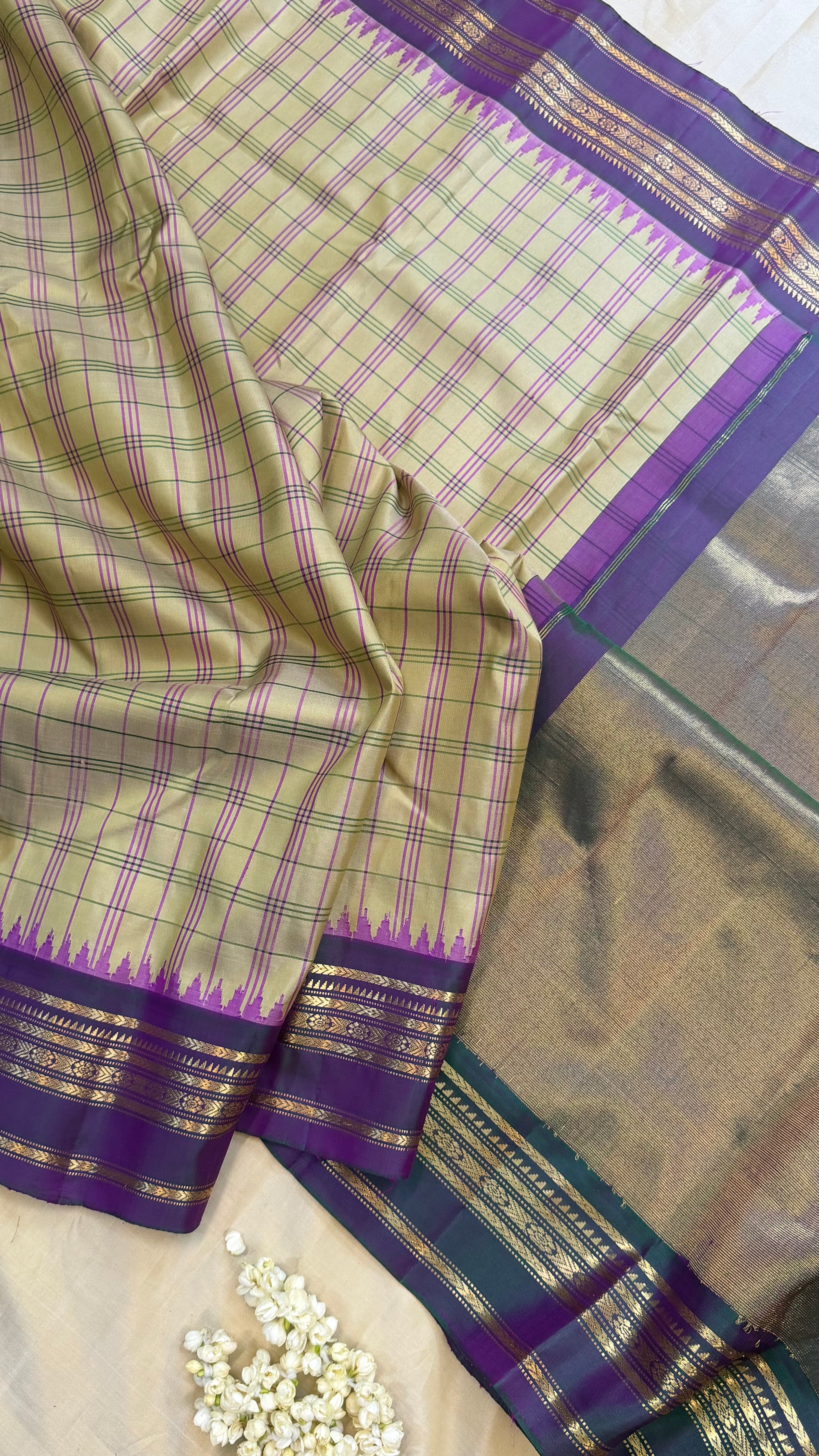 Beige checks purple border / Gadwal silk