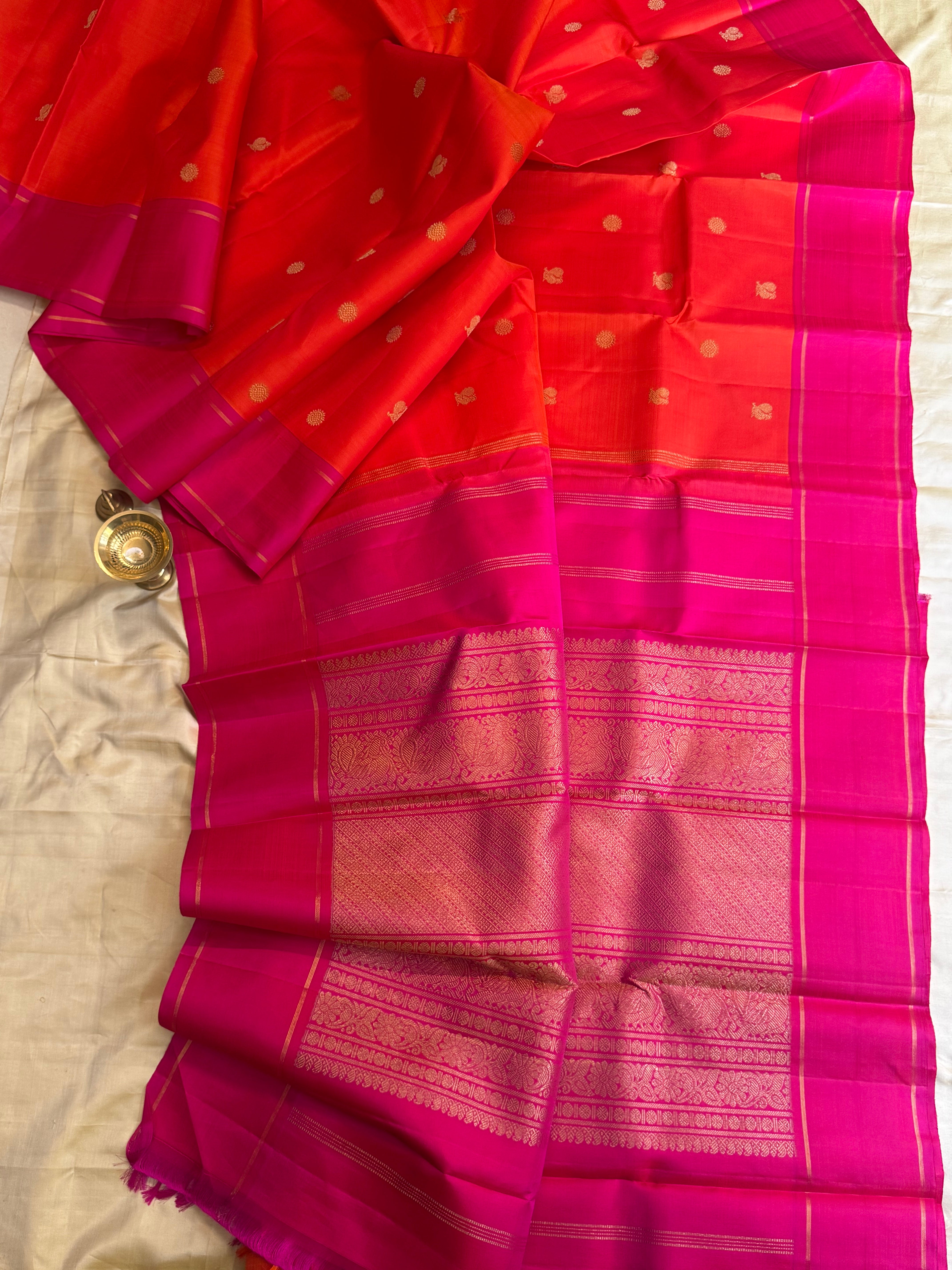 Orange pink annam chakram / simple kanjipuram silk