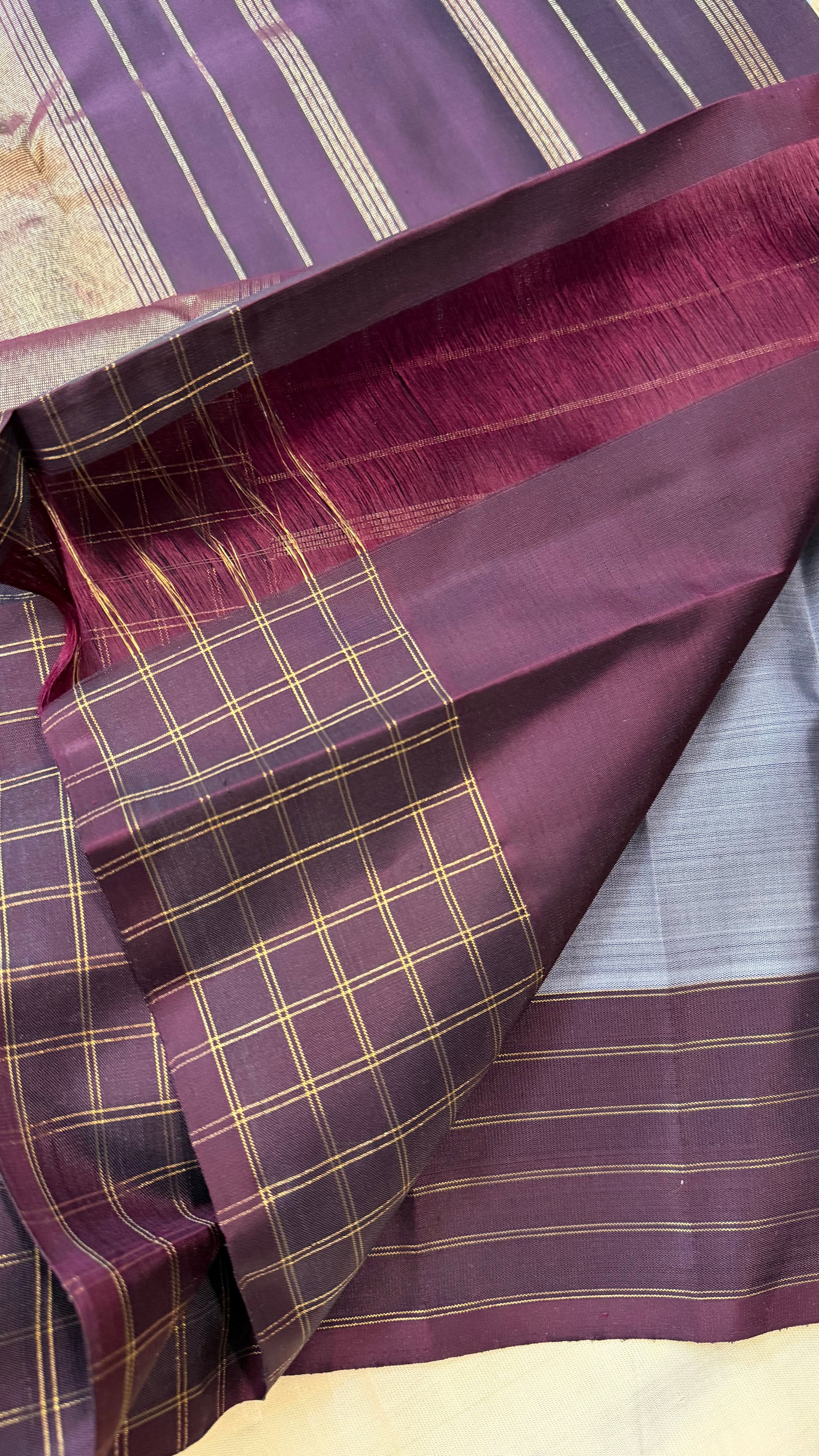Grey and brown checked border / Kanjipuram Silk
