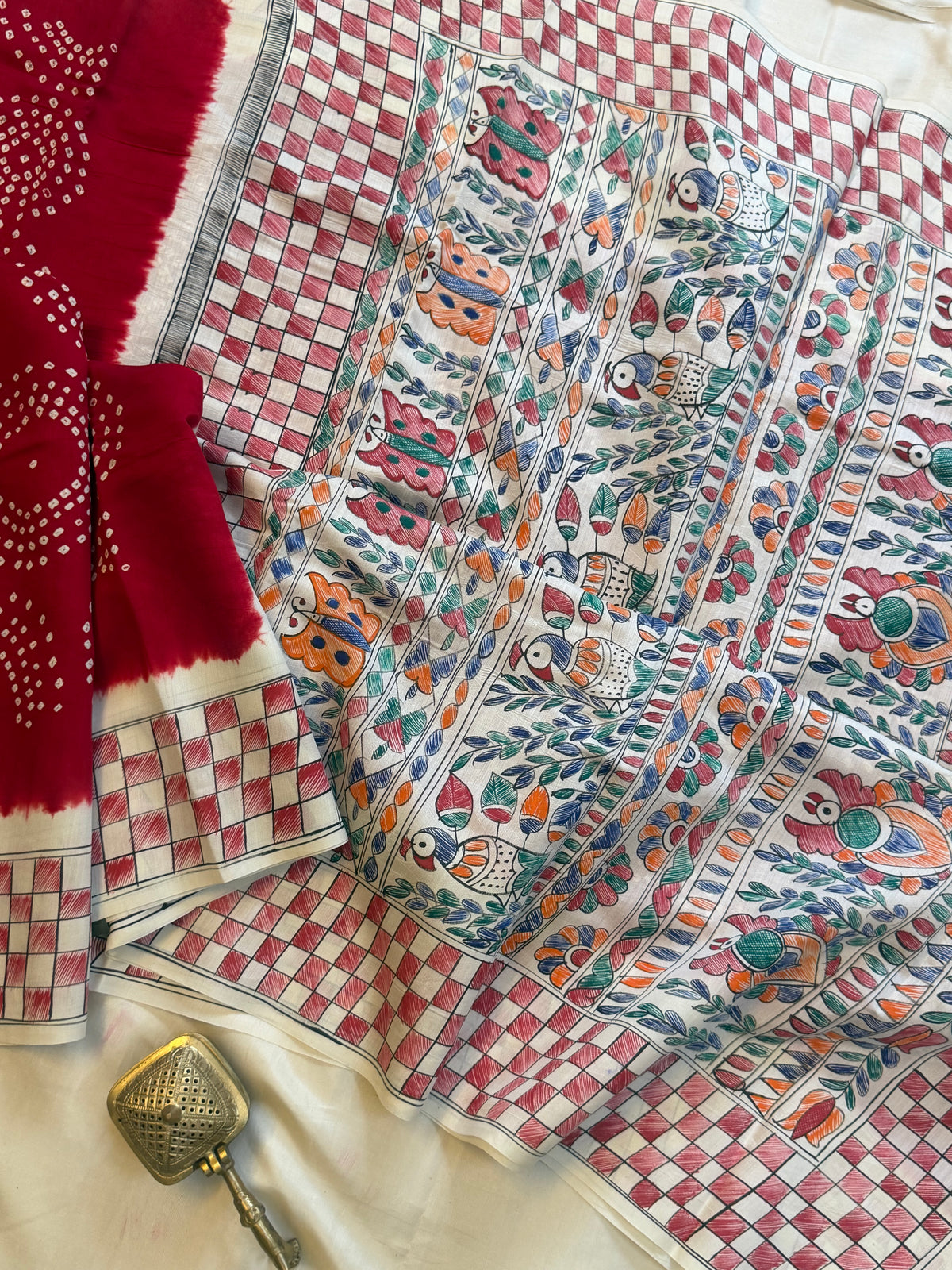 Red Bandhini with Madhubani work in silk