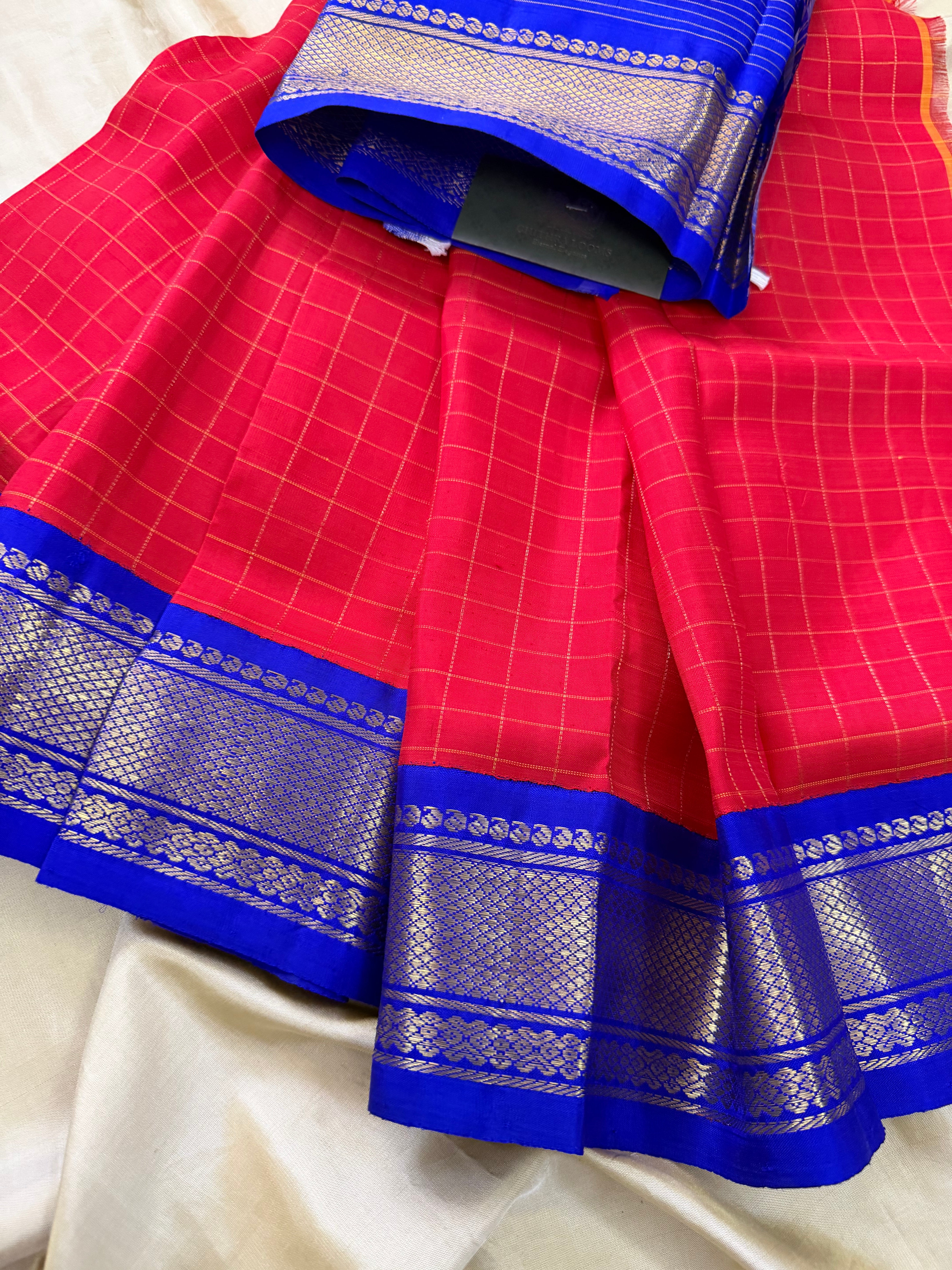 Red checks  0 to 3 years  pure Zari Pattu Paavadai Korvai