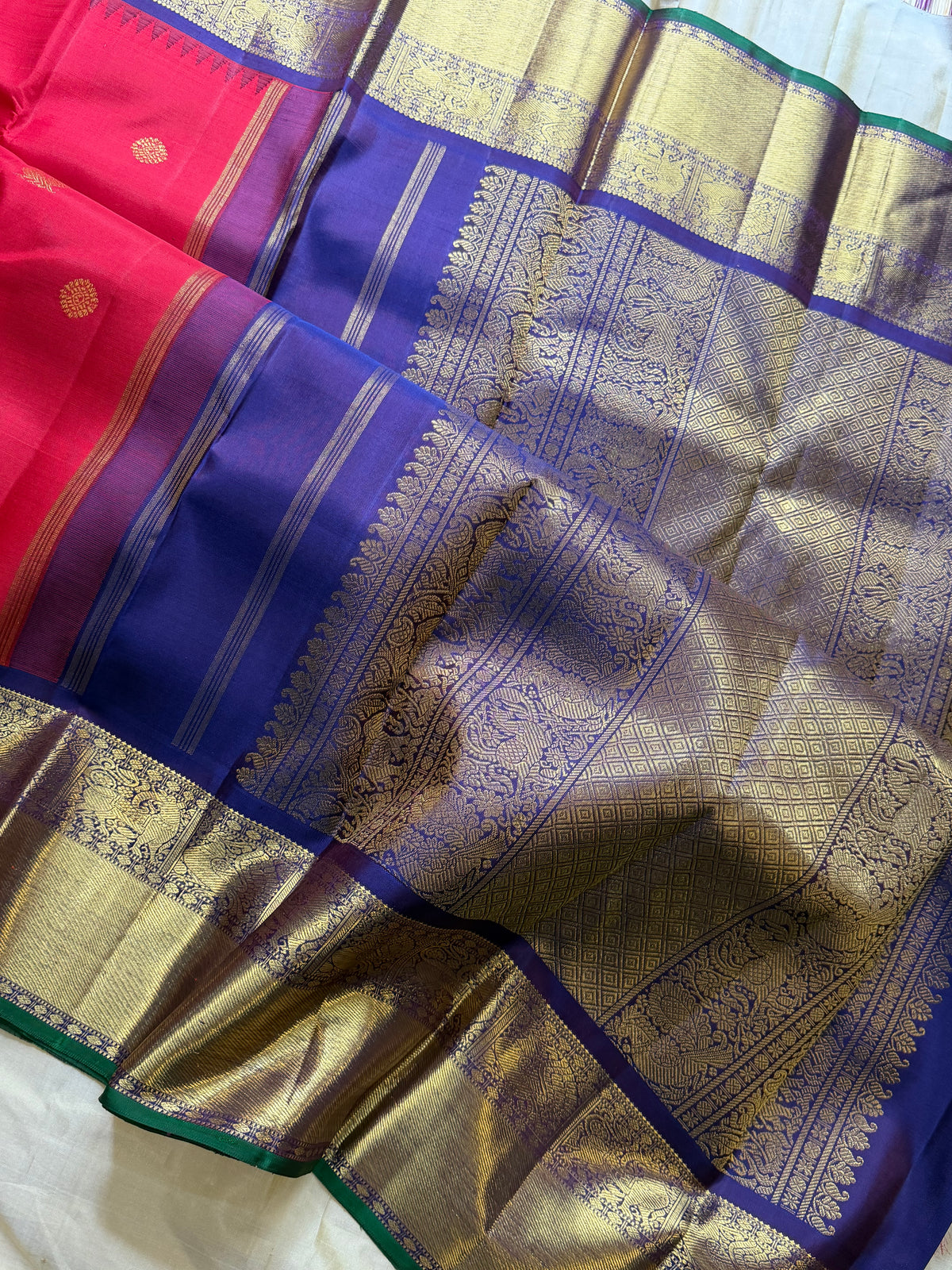 Red with blue Kai Korvai pure Kanjipuram silk