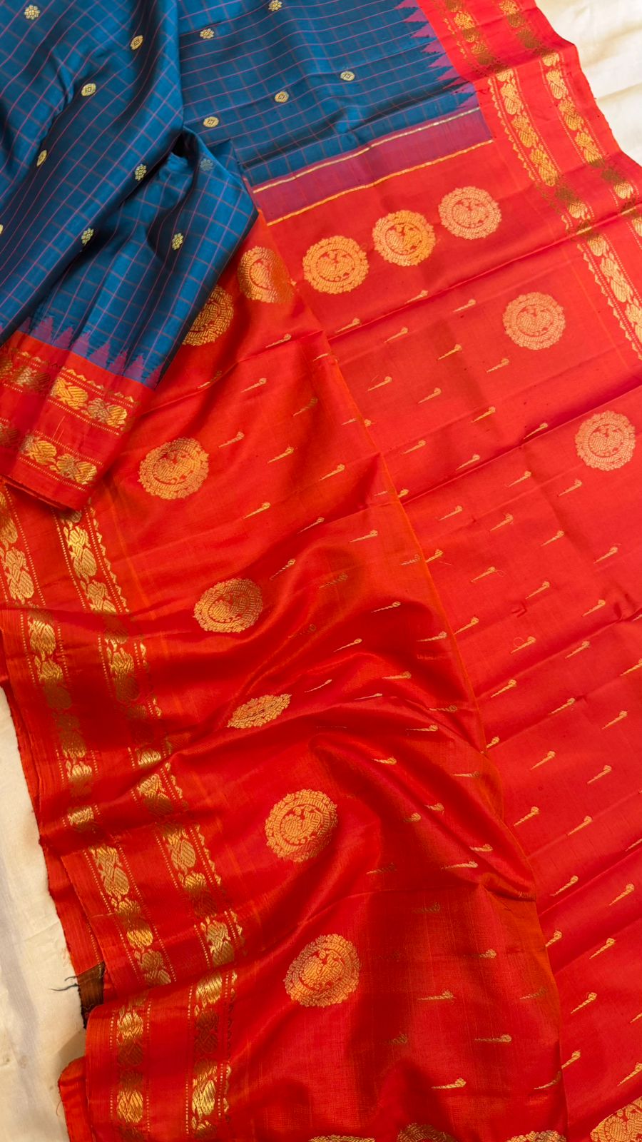 Mayilkazhuthu and red shot orange / Gadwal silk