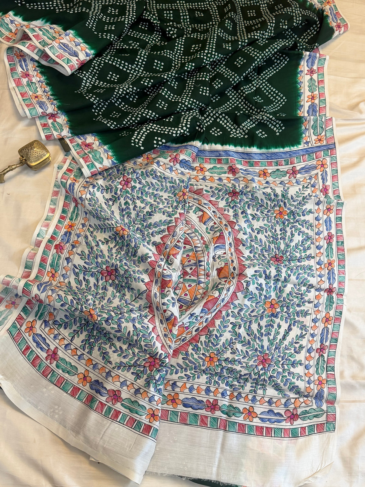 Green  Bandhini with Madhubani work in silk