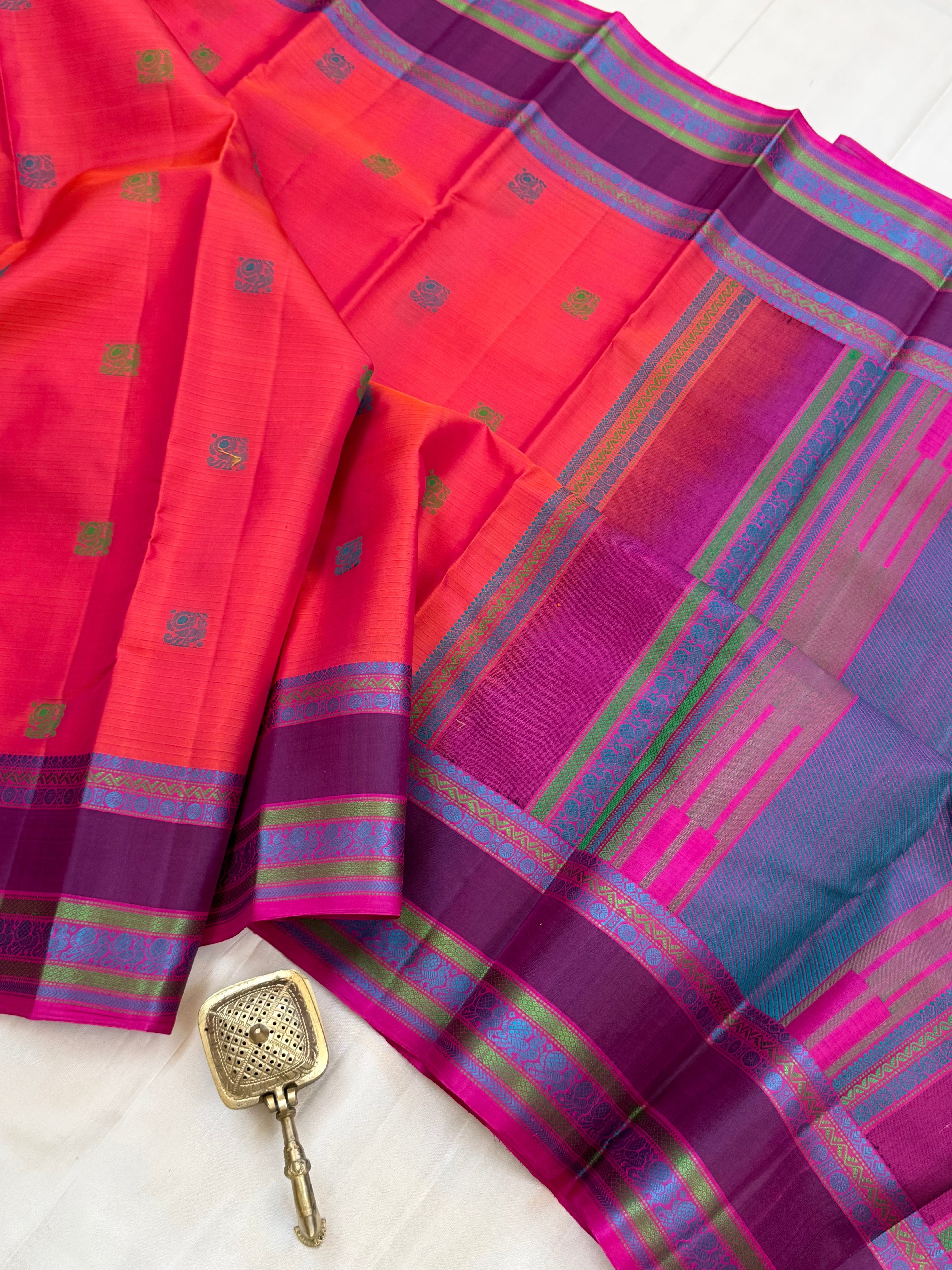 Orangish pink butta / Varnangal Thread work  CLSA11258