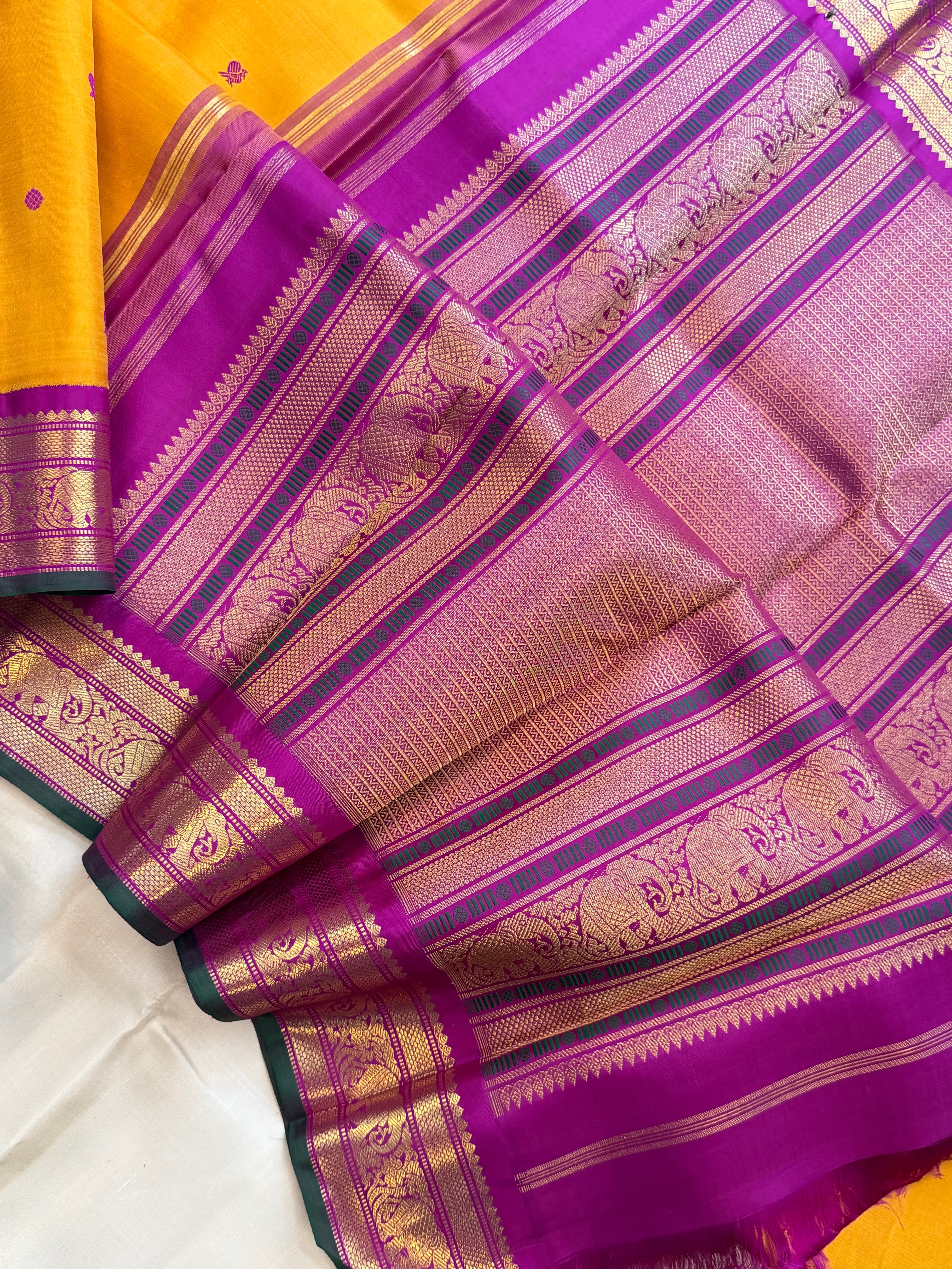 Korvai Varamahalakshmi edit : mustard yellow  colour  varisapet  Korvai Kanjipuram silk saree