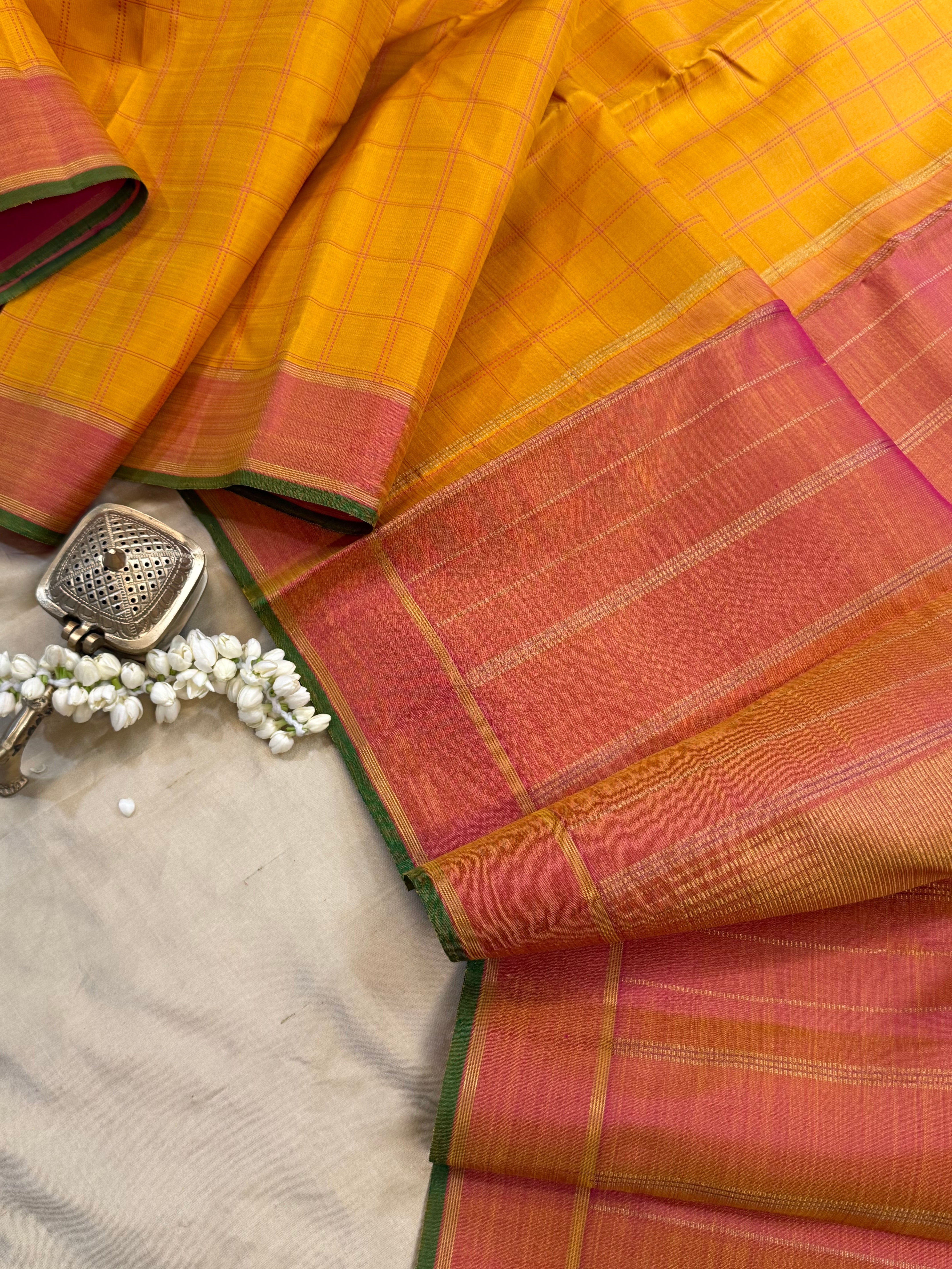 Golden mustard yellow - pink checks/ Kanjipuram silk CL9800