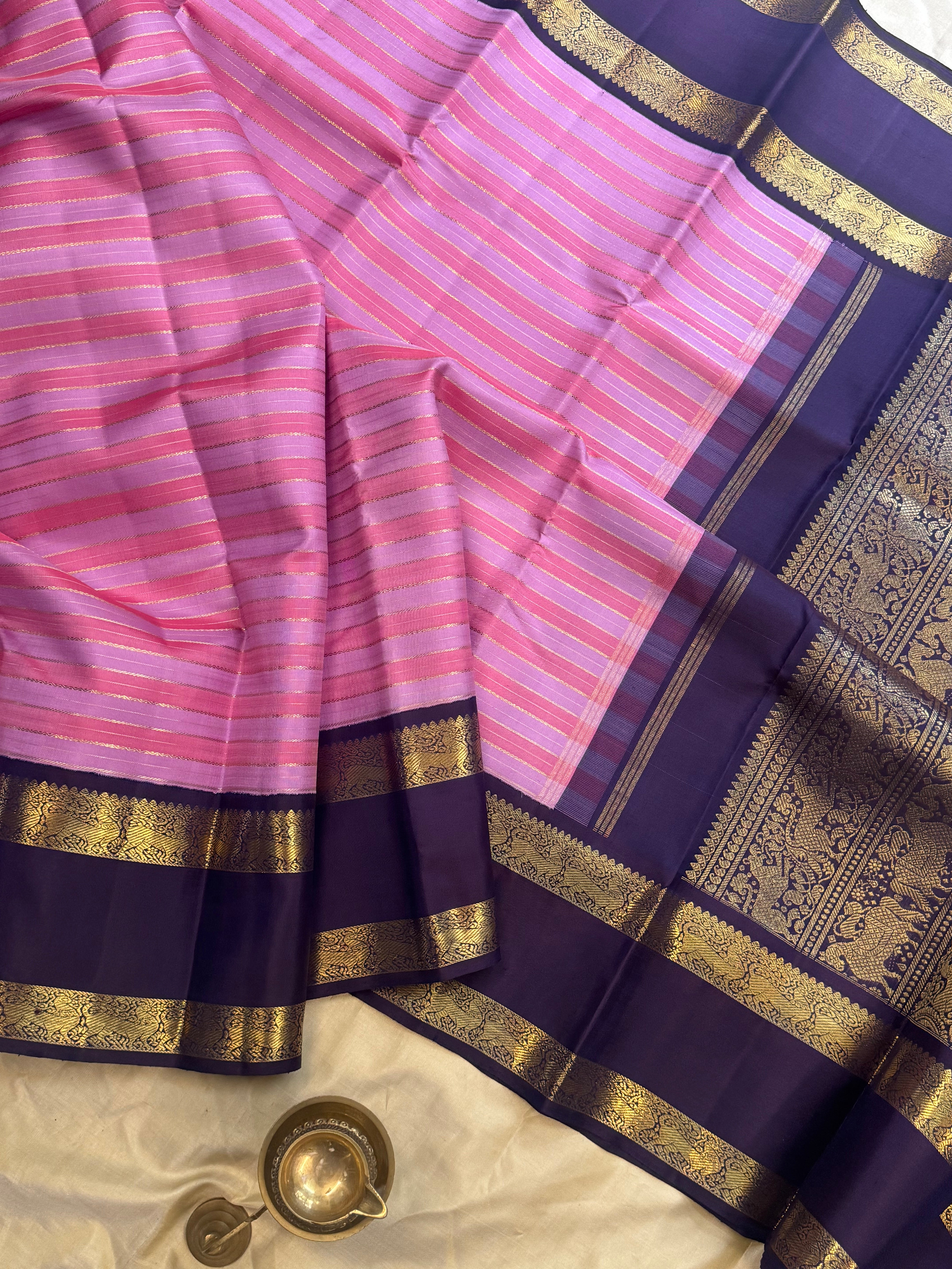 Pink and lavender veldhari and dark blue kai korvai/ Kanjipuram silk