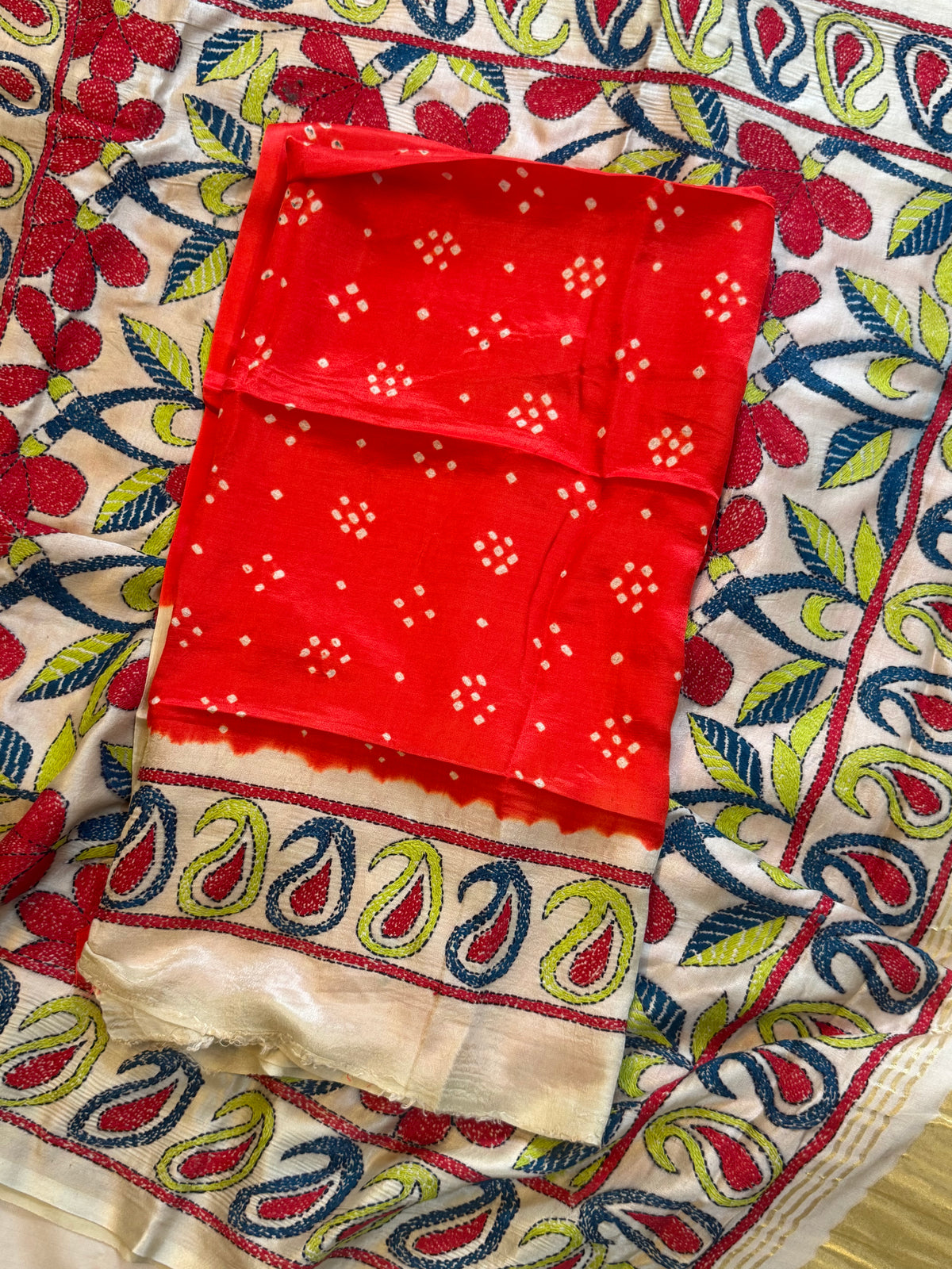 orange Bandhini with Kantha work in gajji silk