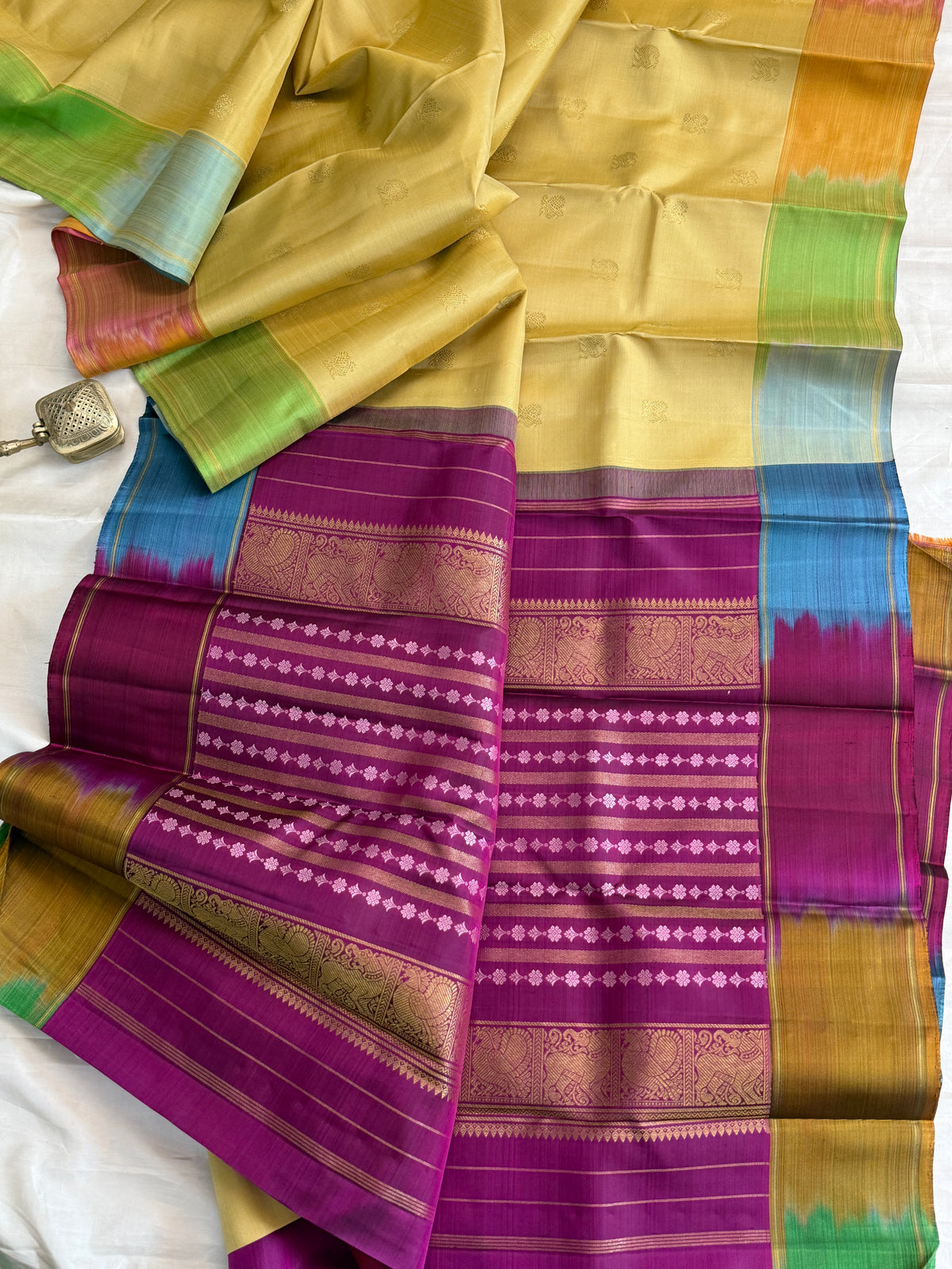 Golden off white with Multiple colour border and Zari butta / Kanjipuram silk saree