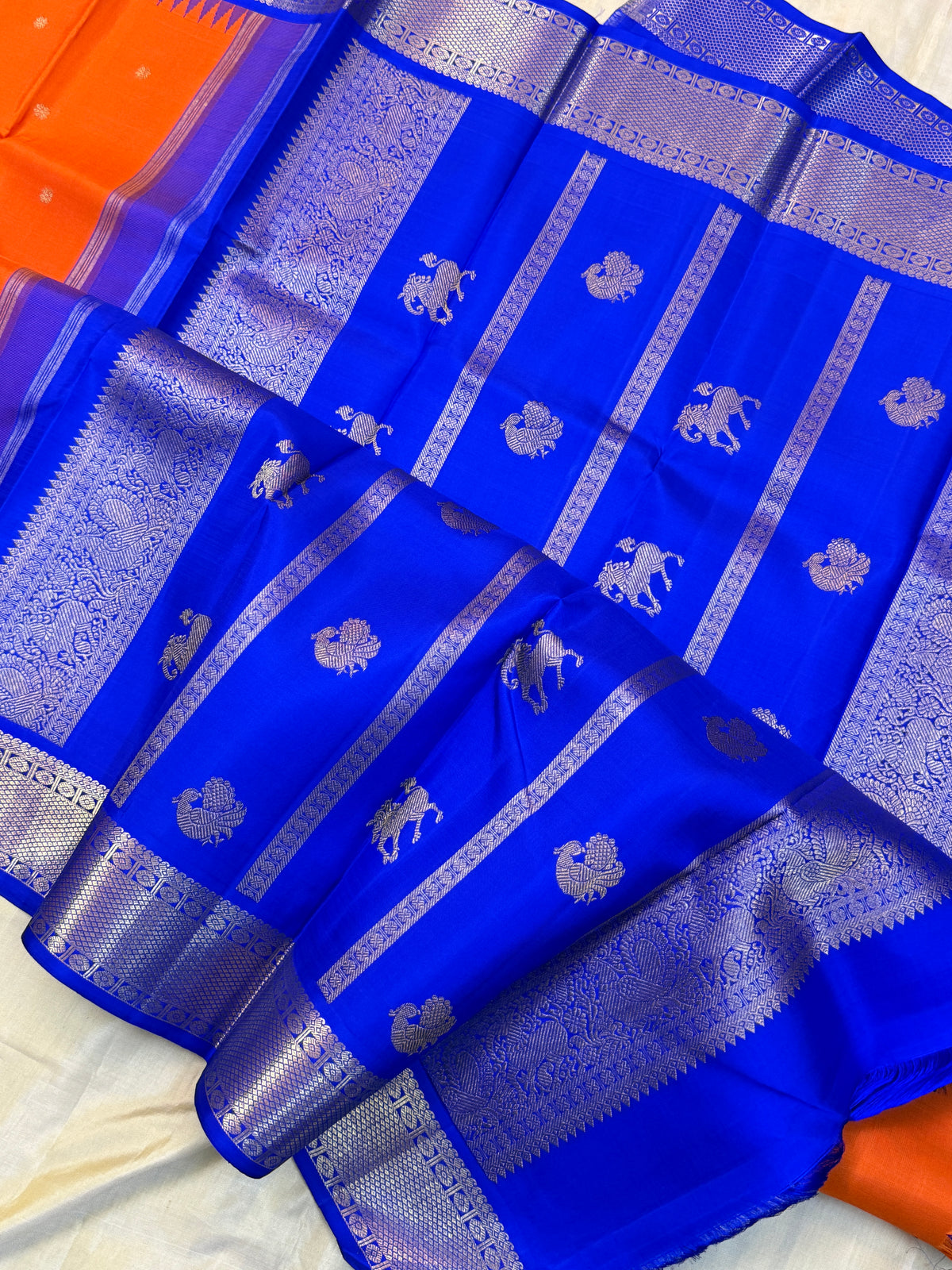 Navarathri - Day 5 Orange Colour pure Zari butta Korvai /Kanjipuram silk sree Clsa 4445
