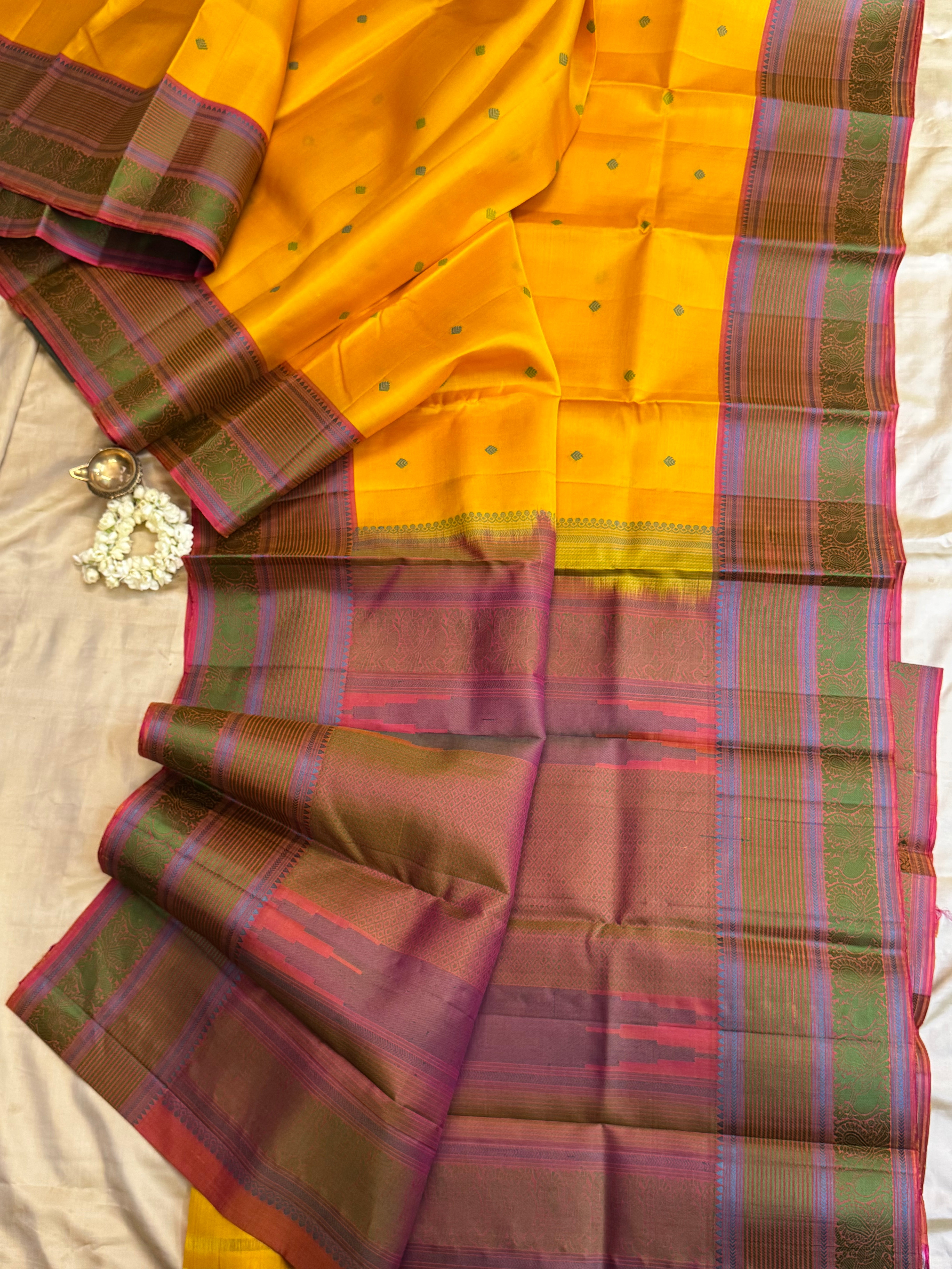 Yellow and pink double pet border / Varnangal soft silk