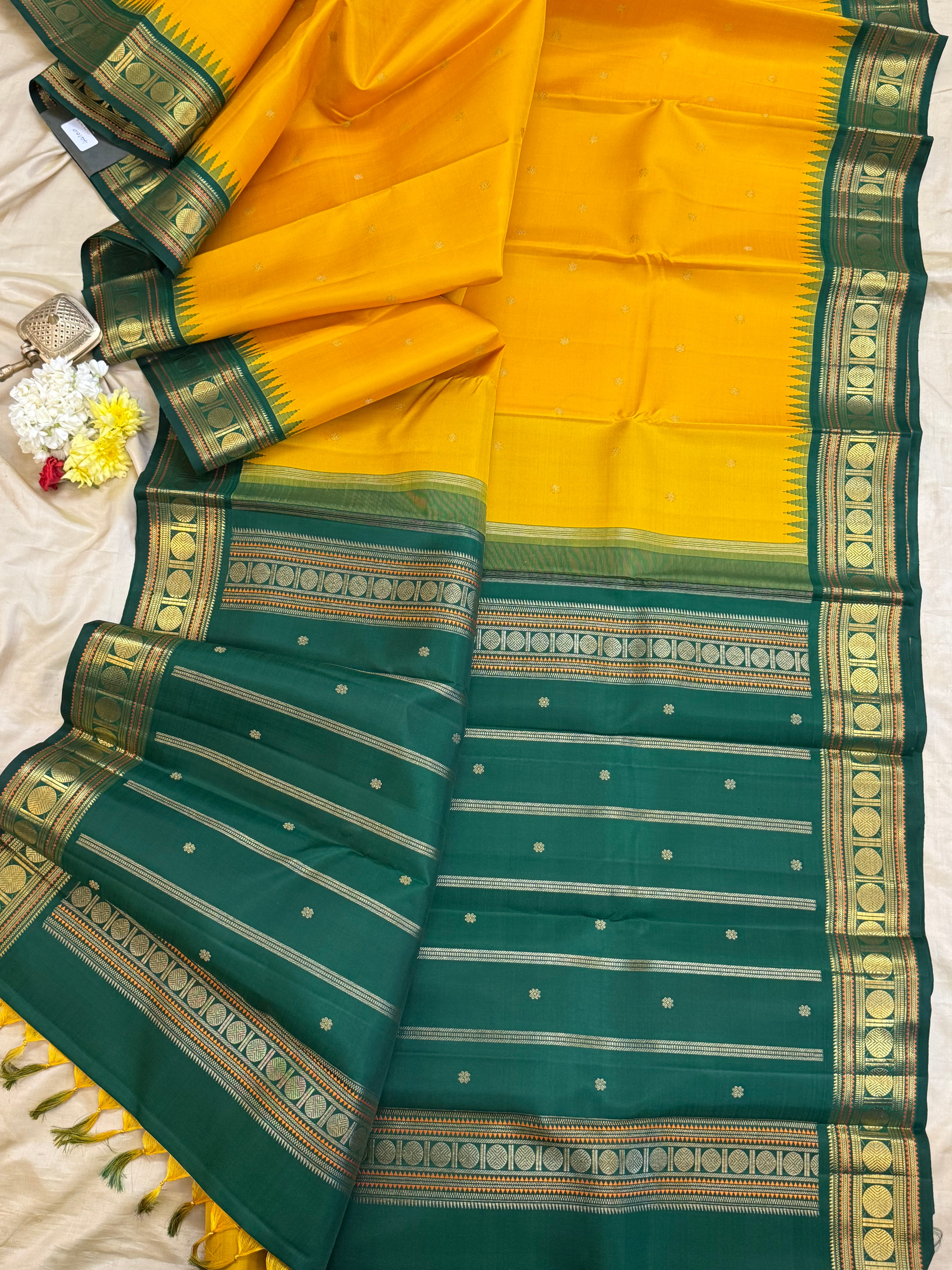 MUSTARD YELLOW WITH GREEN TEMPLE KORVAI/KANJIPURAM SILK CLSA 10334