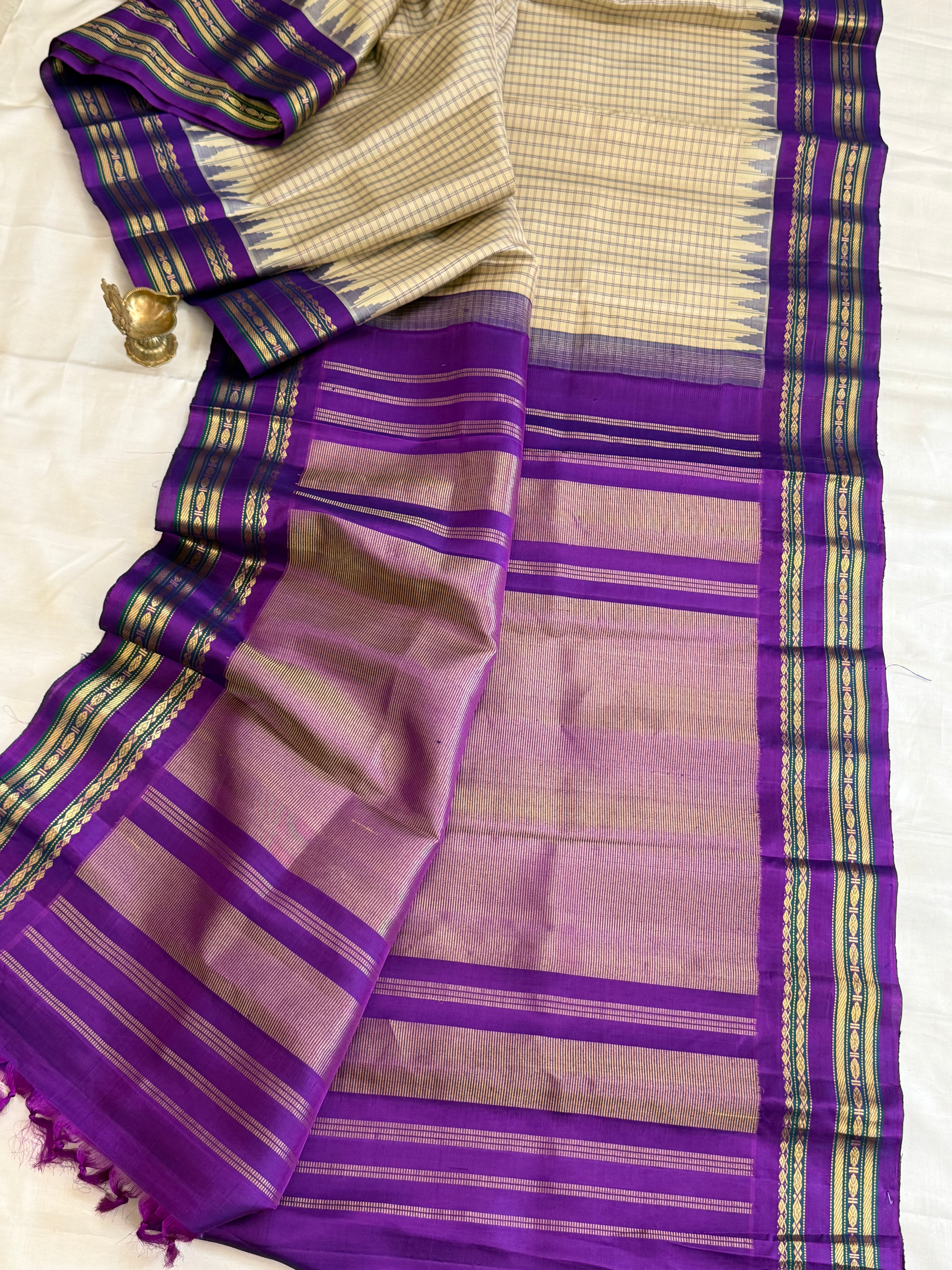Cream body check with purple temple border  / Gadwal silk CLSA11297