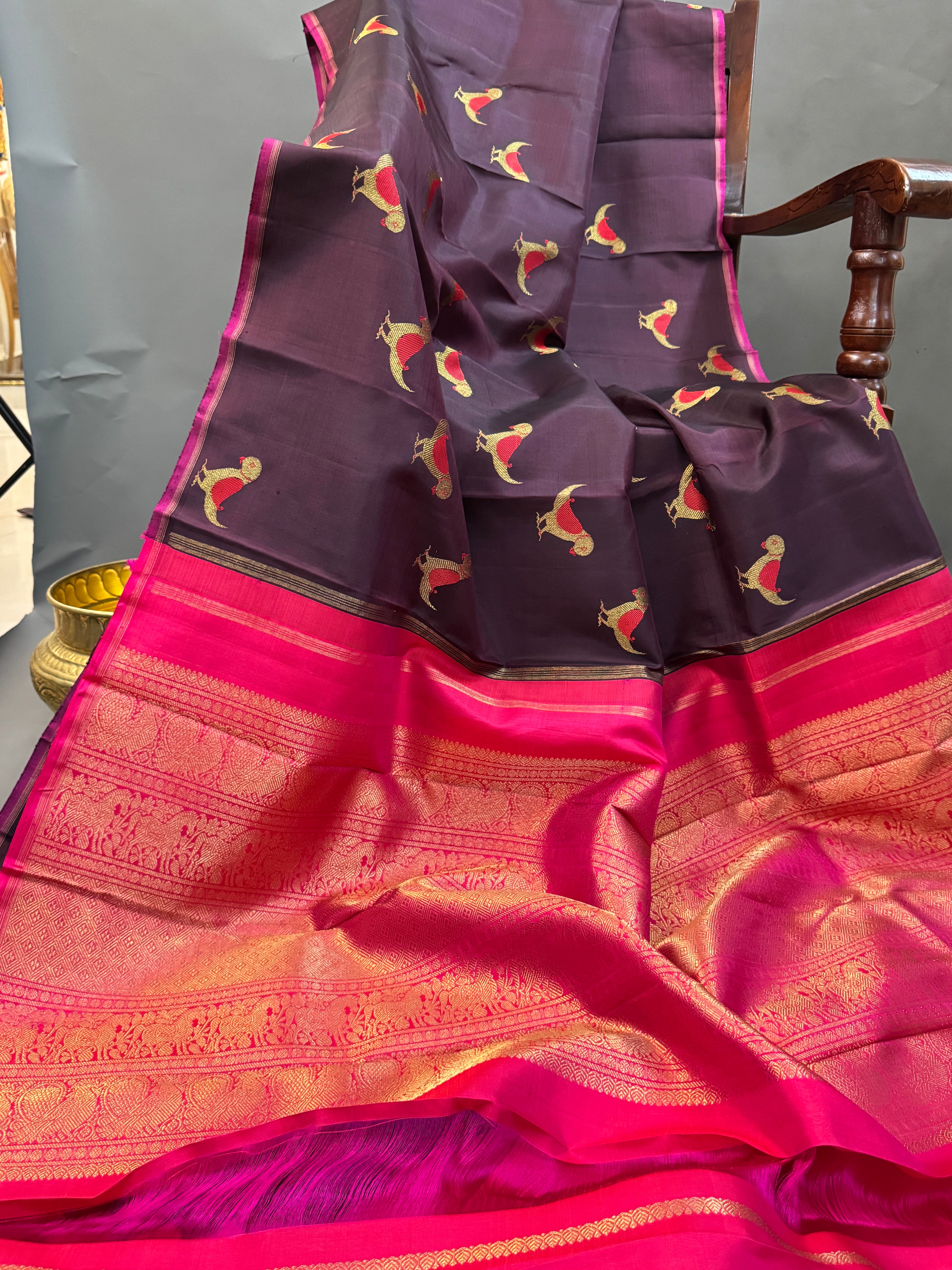 Paaku Meena work bird  Butta  Borderless kanjipuram silk saree
