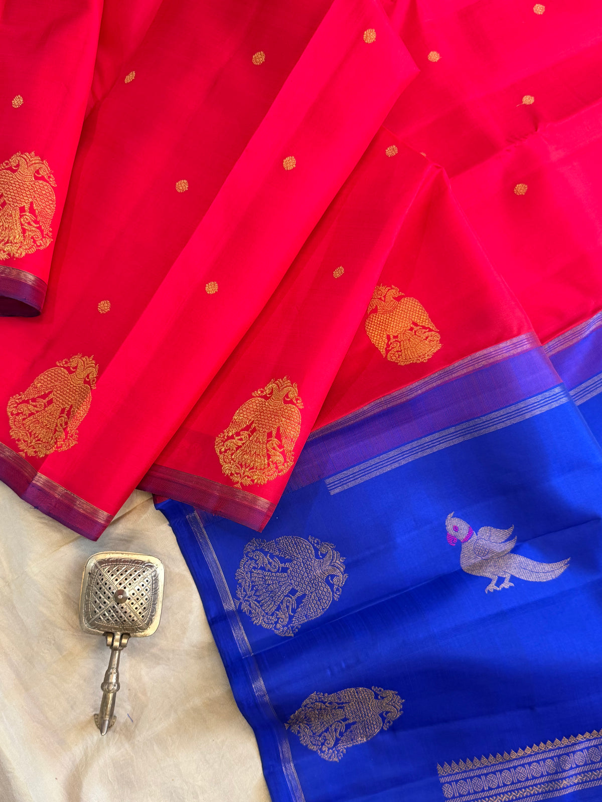 Chilli red border irutalaipakshi - pure Zari Kanjipuram silk