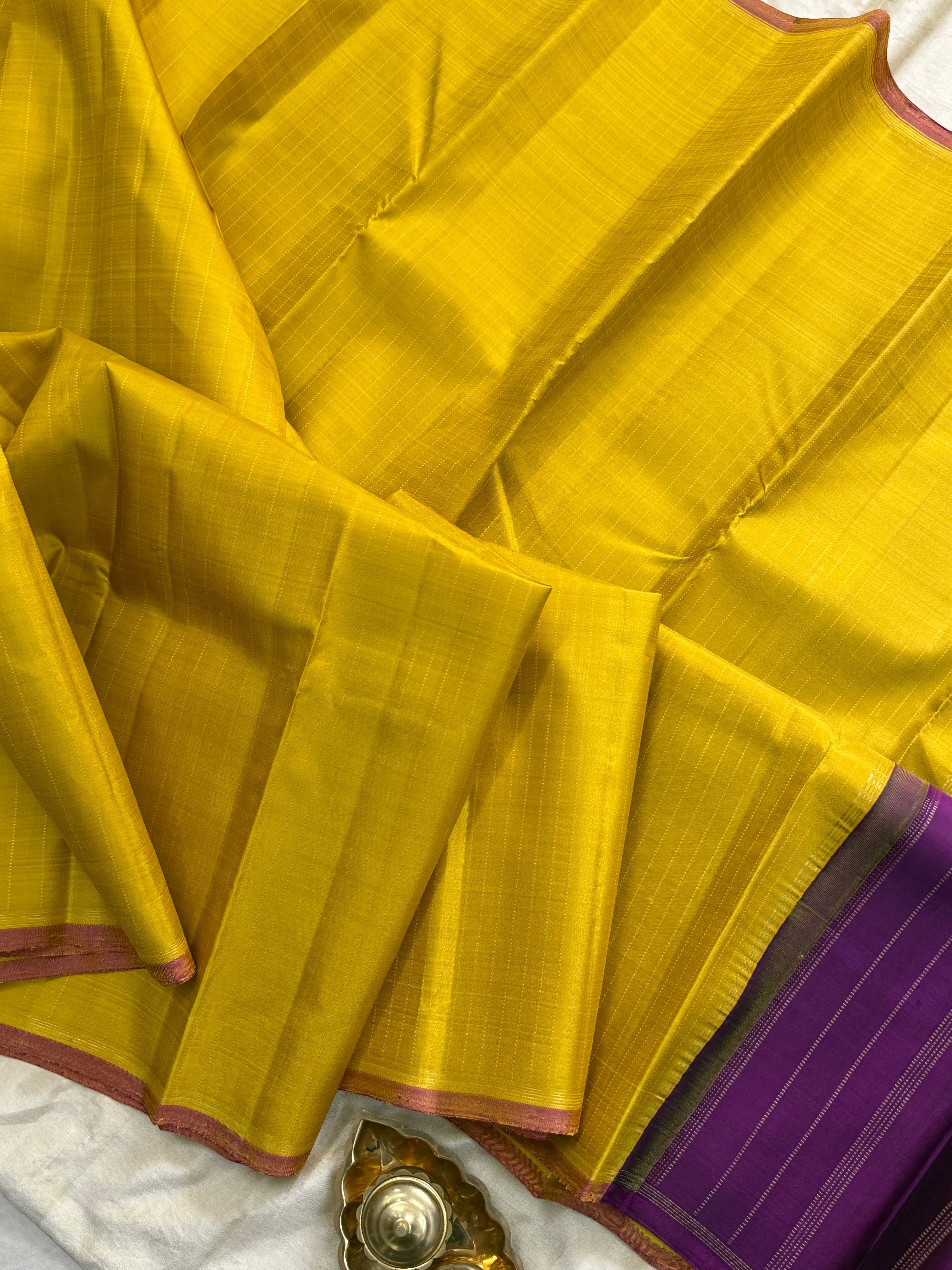 MUSTARD YELLOW AND BODY THREAD LINE BORDER LESS/KANJIPURAM SILK SAREE CLSA 9761