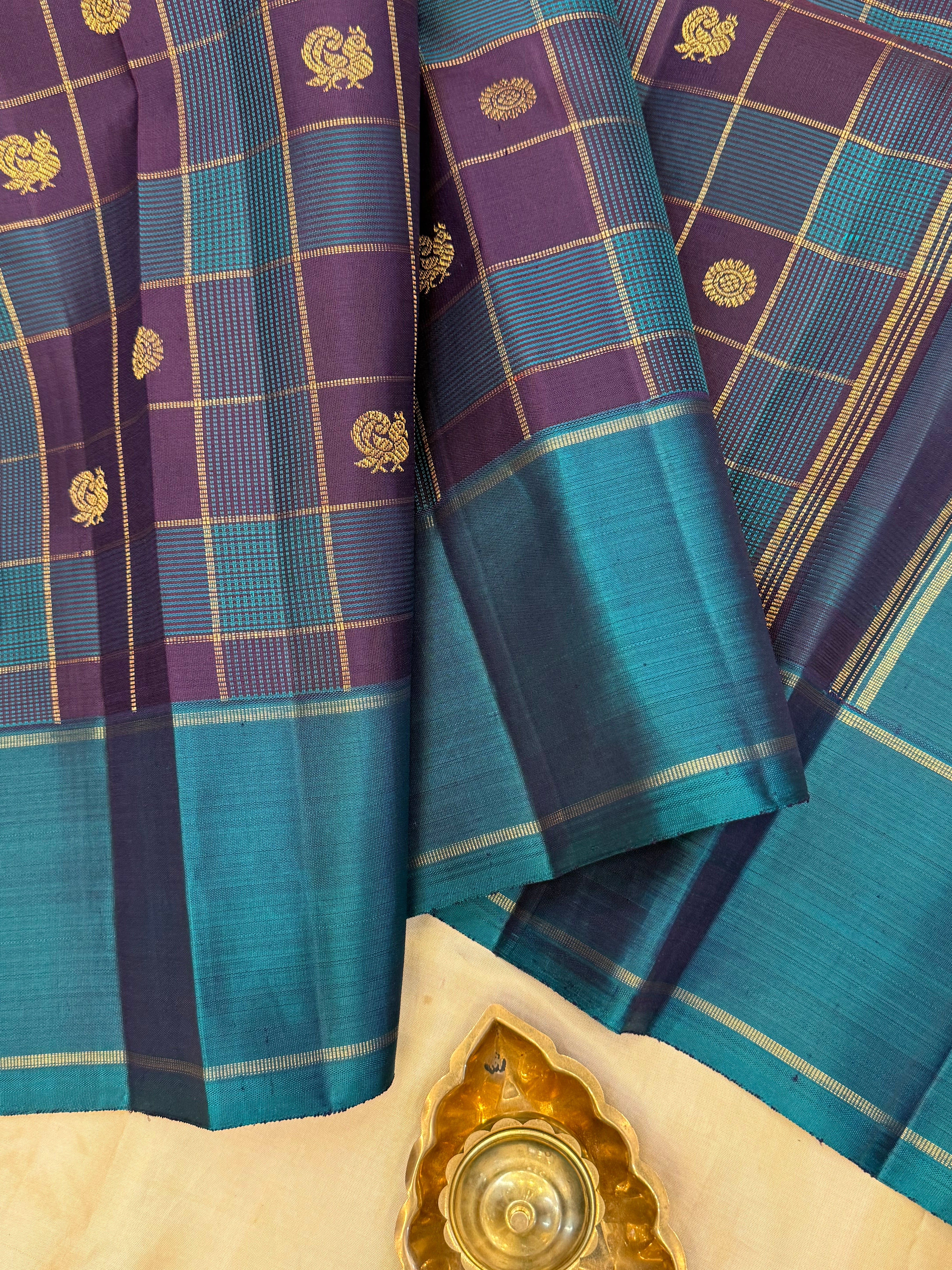 Teal green and purple Muthu Kattam annam chakram Butta / kanjipuram silk saree CLSA10776