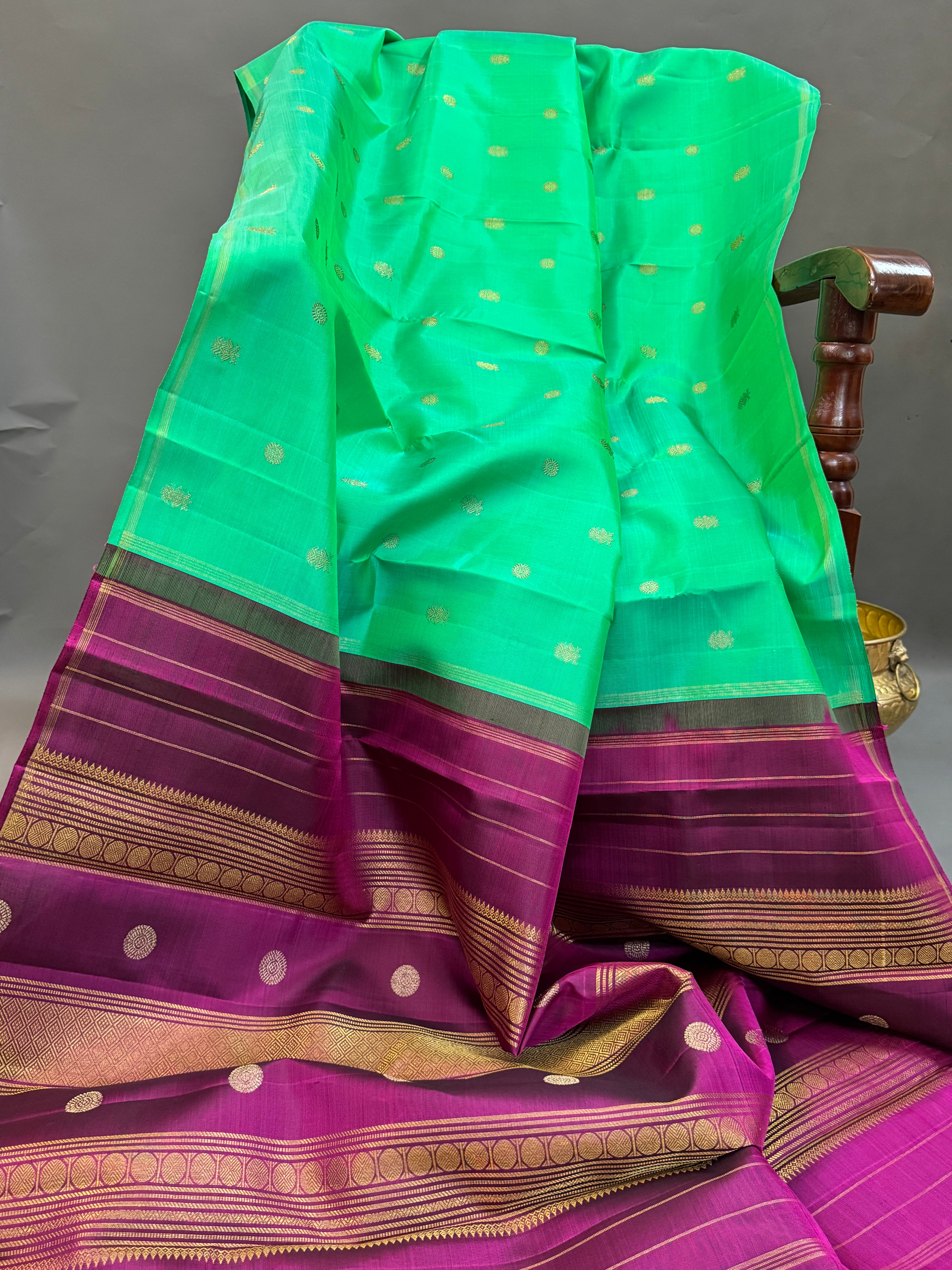 Sea green Butta borderless pure kanjipuram silk saree