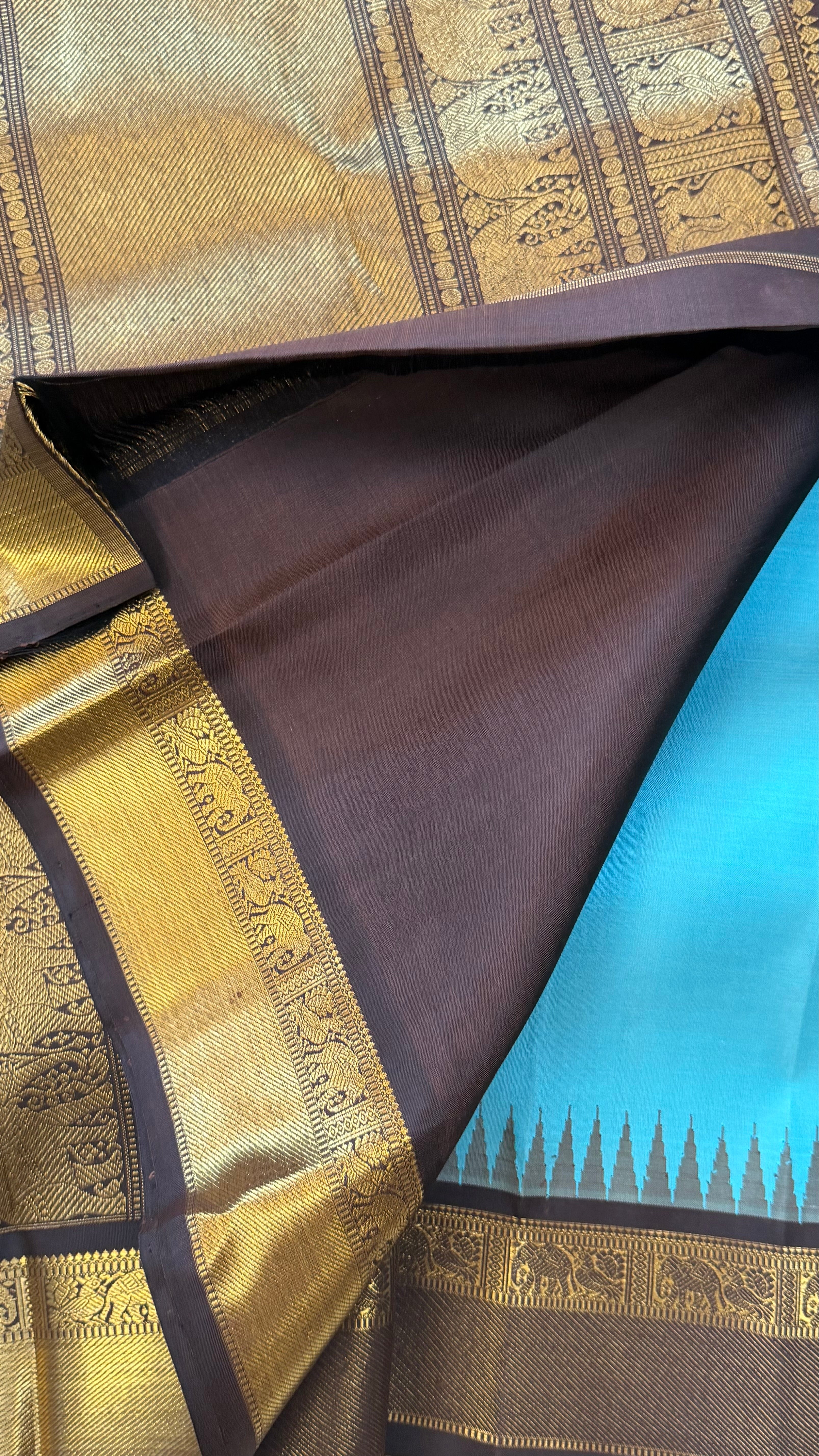 Light Aanadha blue and coffeebrown kai korvai/ Kanjipuram Silk