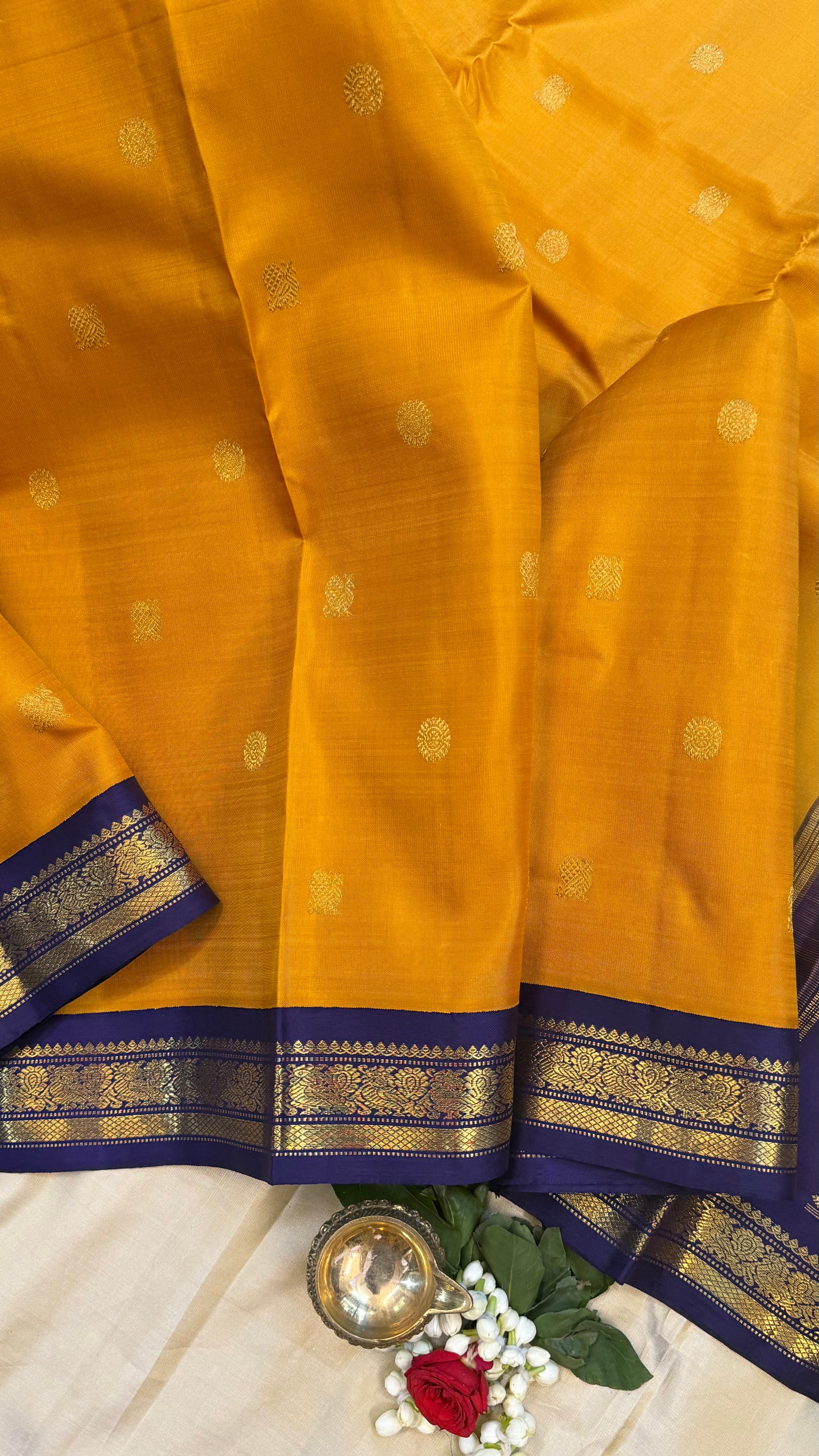 Golden yellow and dark blue kai korvai/ Kanjipuram Silk
