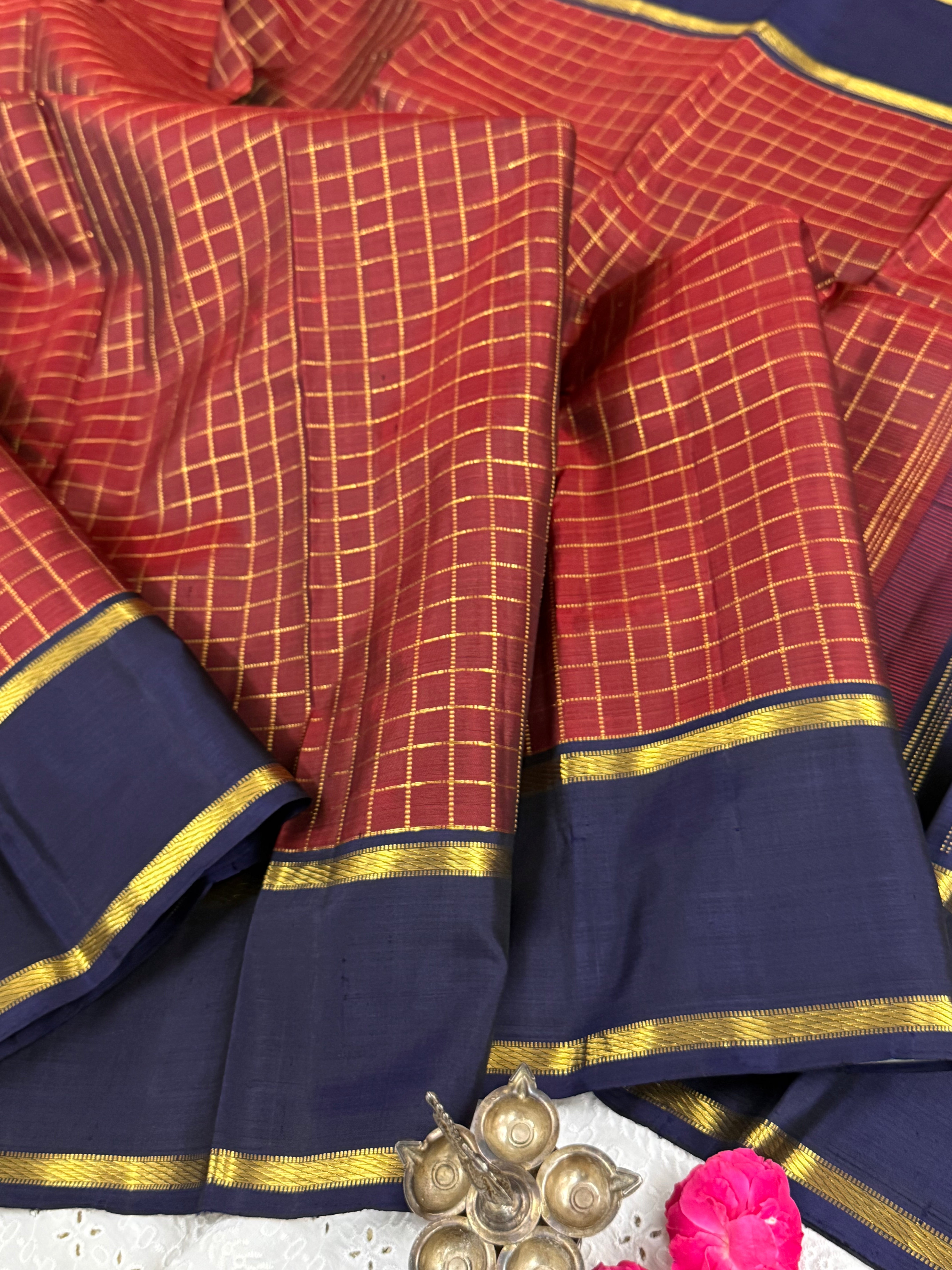 Deep rust kattam and navy blue/ Arani silk