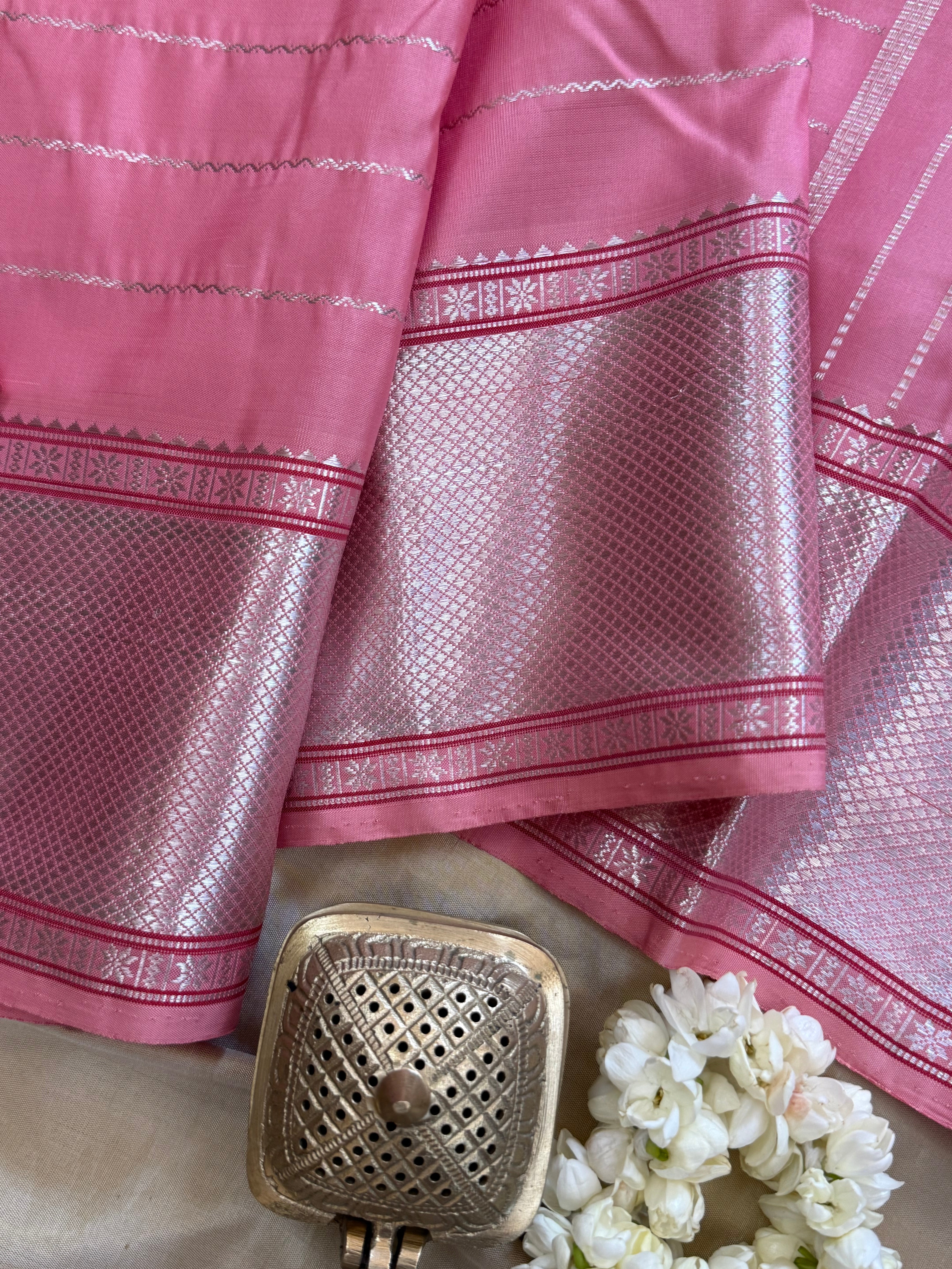 Pink veldhari getti border silver / Kanjipuram silk CL1992
